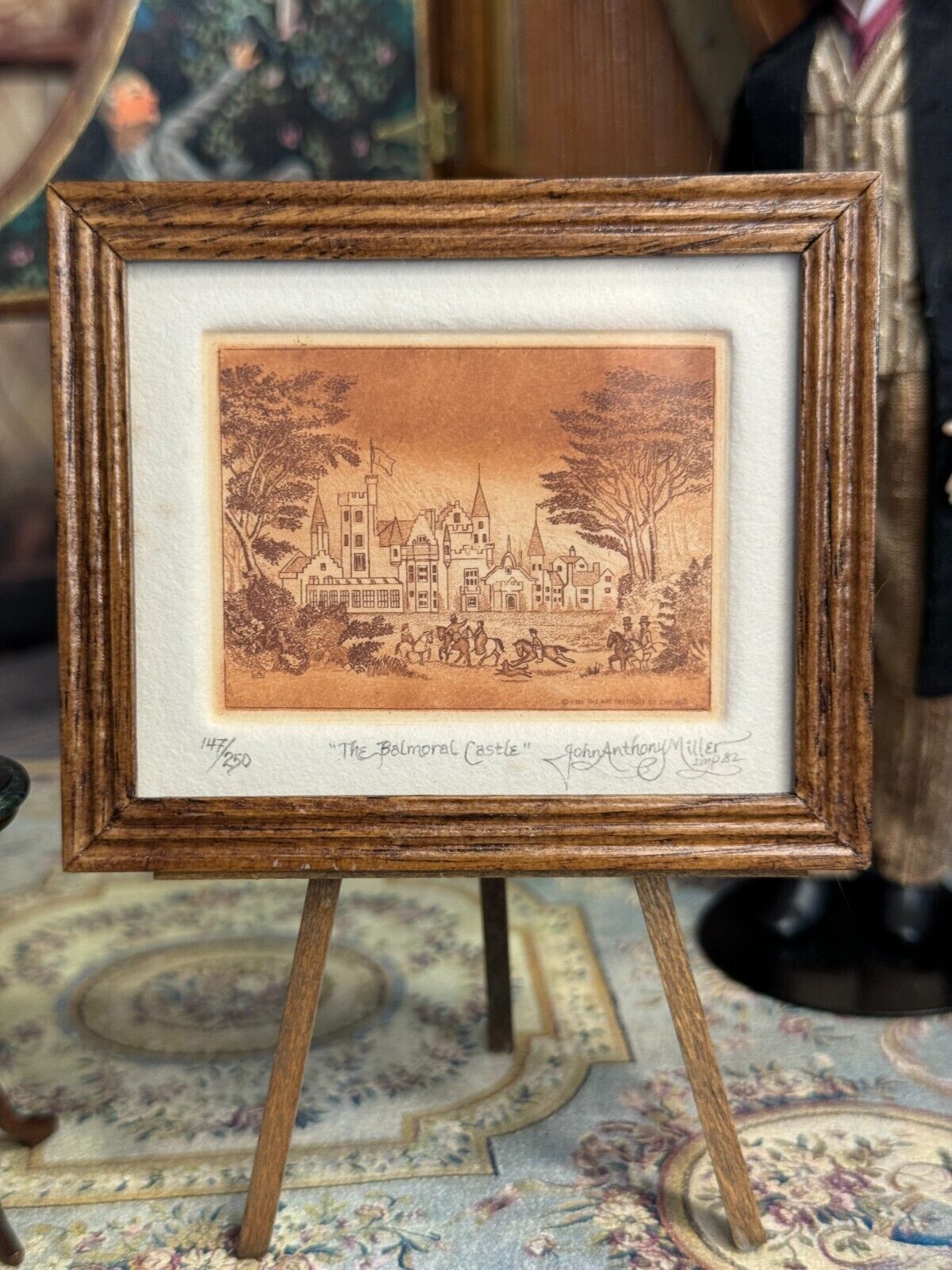 Framed John Anthony Miller Etching Sepia Tones Balmoral Castle 147/250, front, on easel