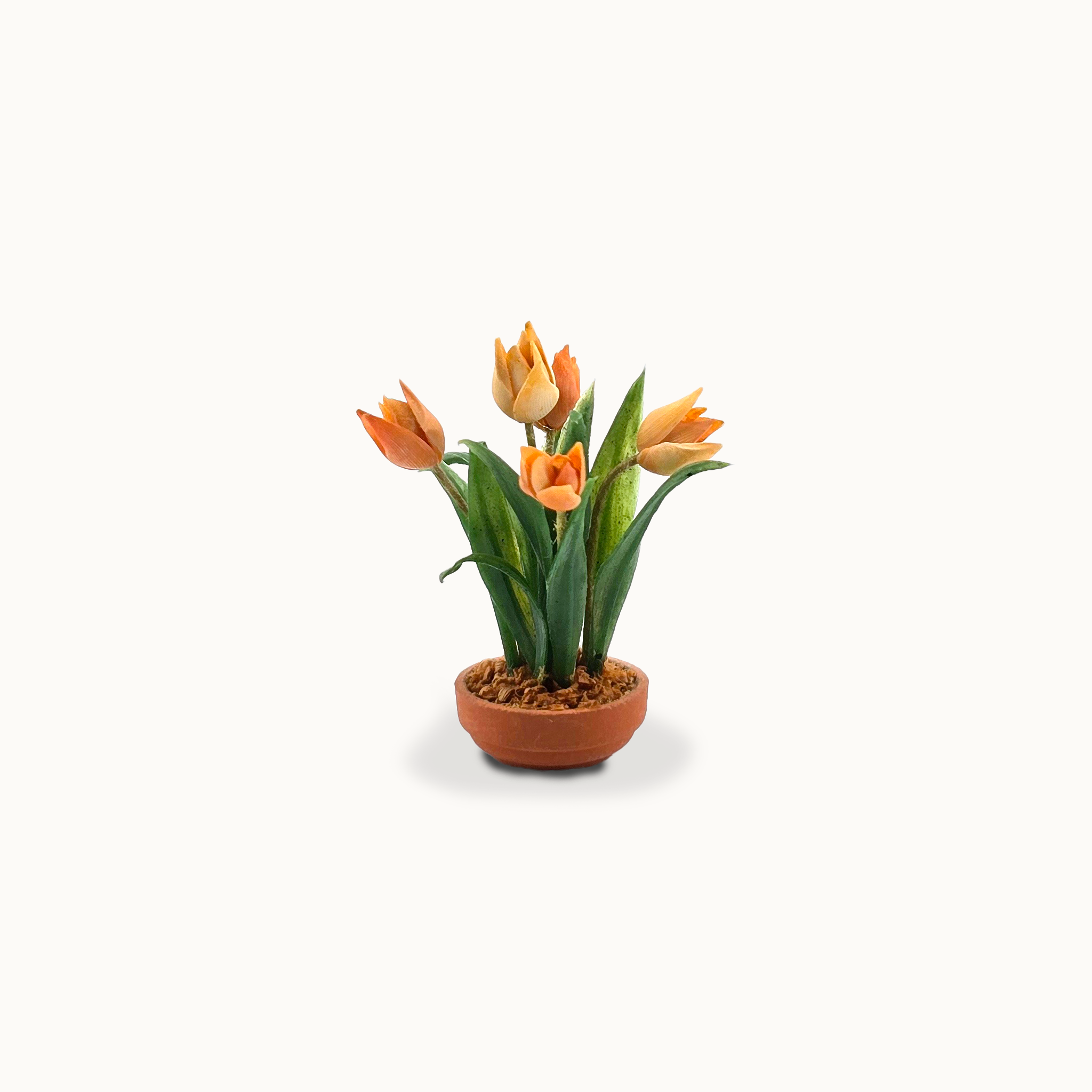Potted Peach Tulips Hand Sculpted Clay Flowers in Planter Vintage Artisan