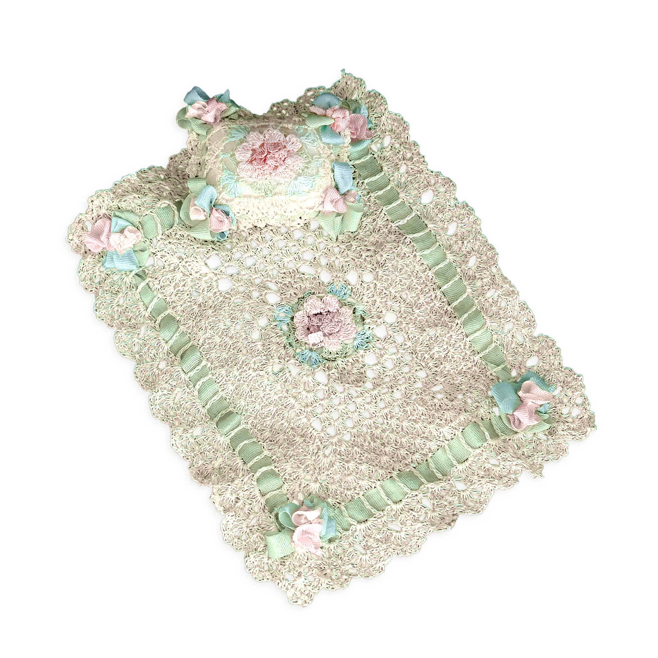 Miniature Crochet Baby Blanket & Pillow with Silk Ribbon Work