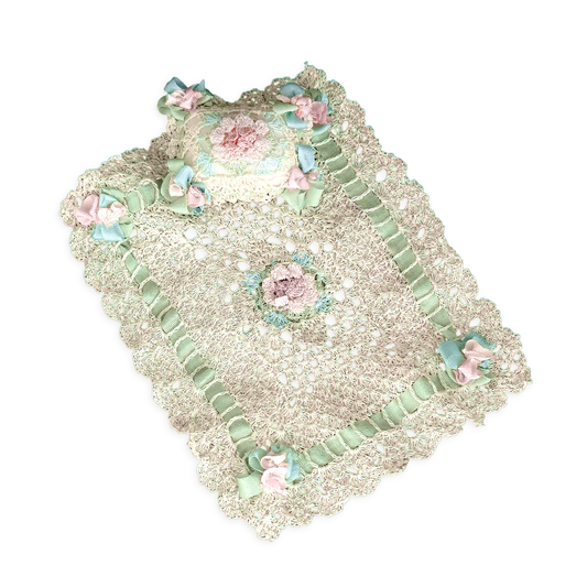 Miniature Crochet Baby Blanket & Pillow with Silk Ribbon Work