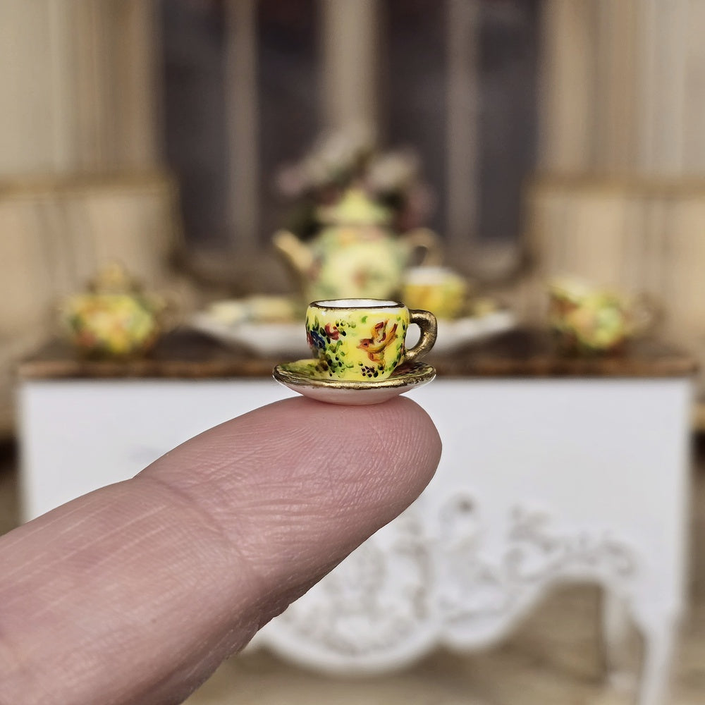 Exquisite OOAK Yellow Chintz Bird Porcelain Tea Service Dollhouse Miniature Set