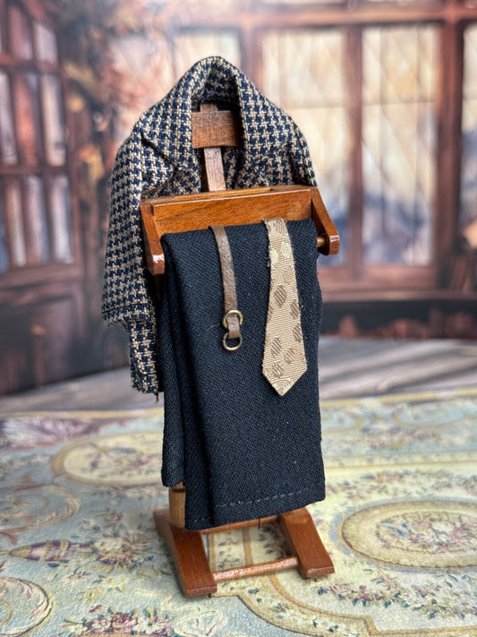 Vintage Wool & Silk Dressed Dollhouse Gentleman's Valet Stand, front view