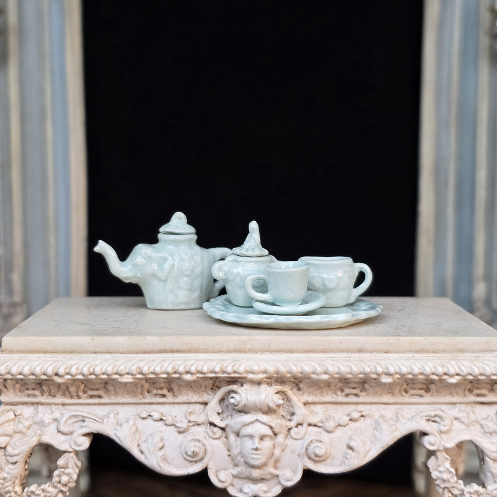 Janice Crawley Celadon Mojolica Style Elephant Porcelain Dollhouse Tea Service 1988