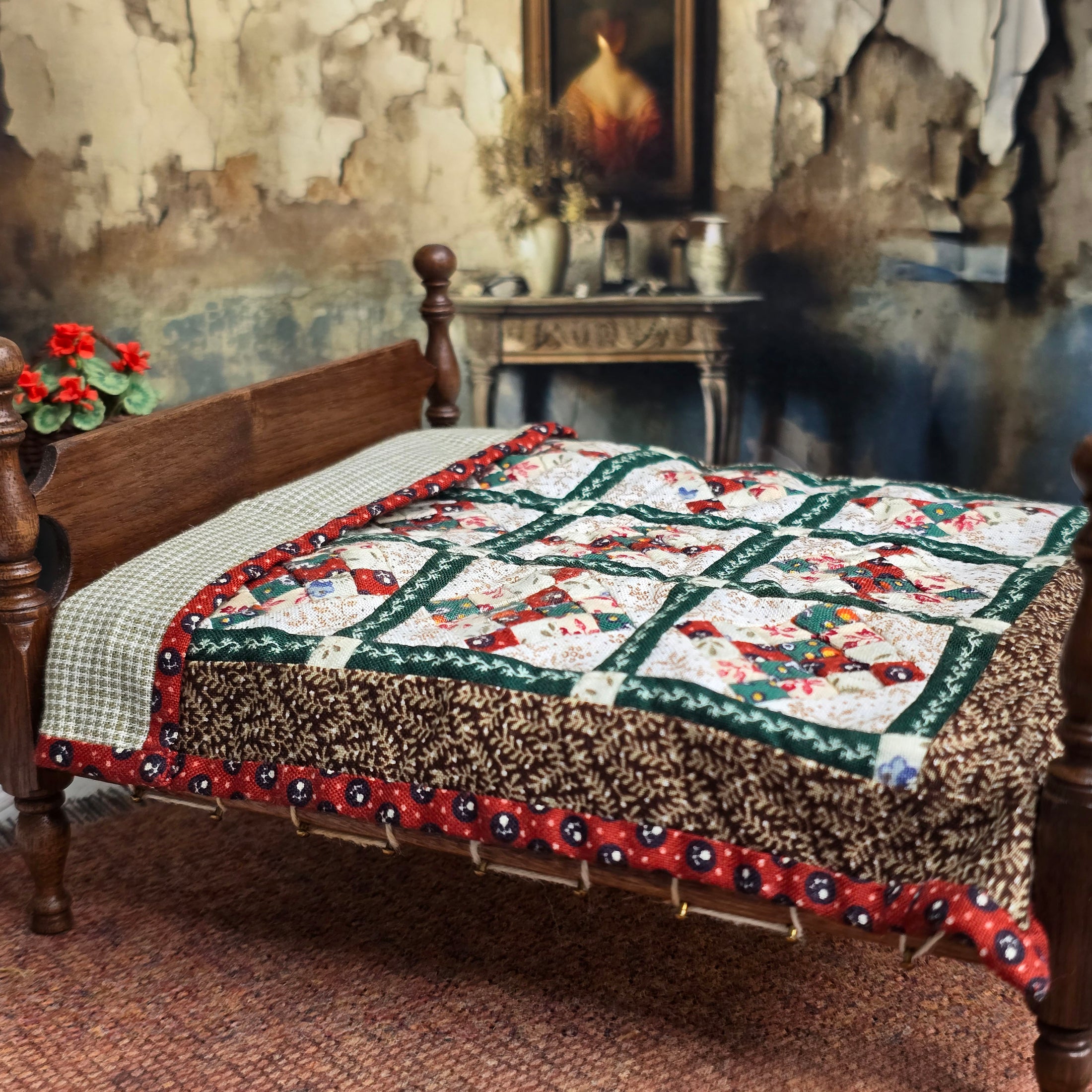 One-of-a-Kind Hand Quilted Patchwork Bedspread Set with Pillows 1:12 Scale
