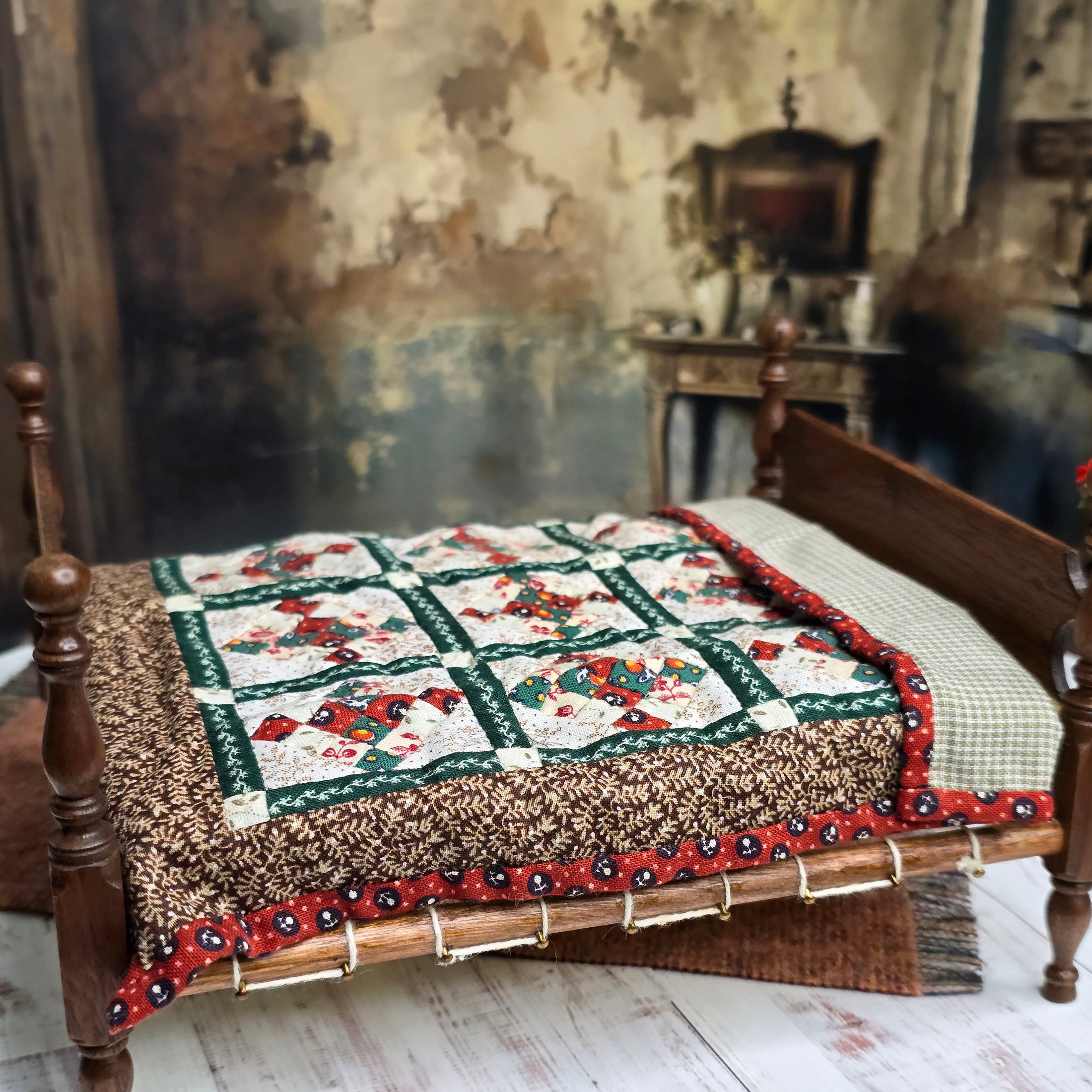 One-of-a-Kind Hand Quilted Patchwork Bedspread Set with Pillows 1:12 Scale