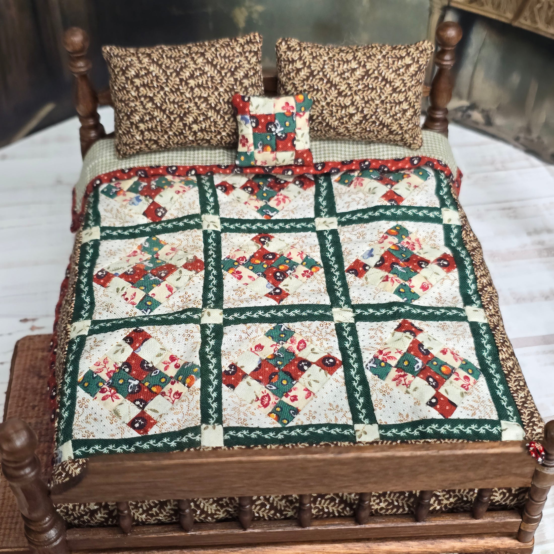 One-of-a-Kind Hand Quilted Patchwork Bedspread Set with Pillows 1:12 Scale