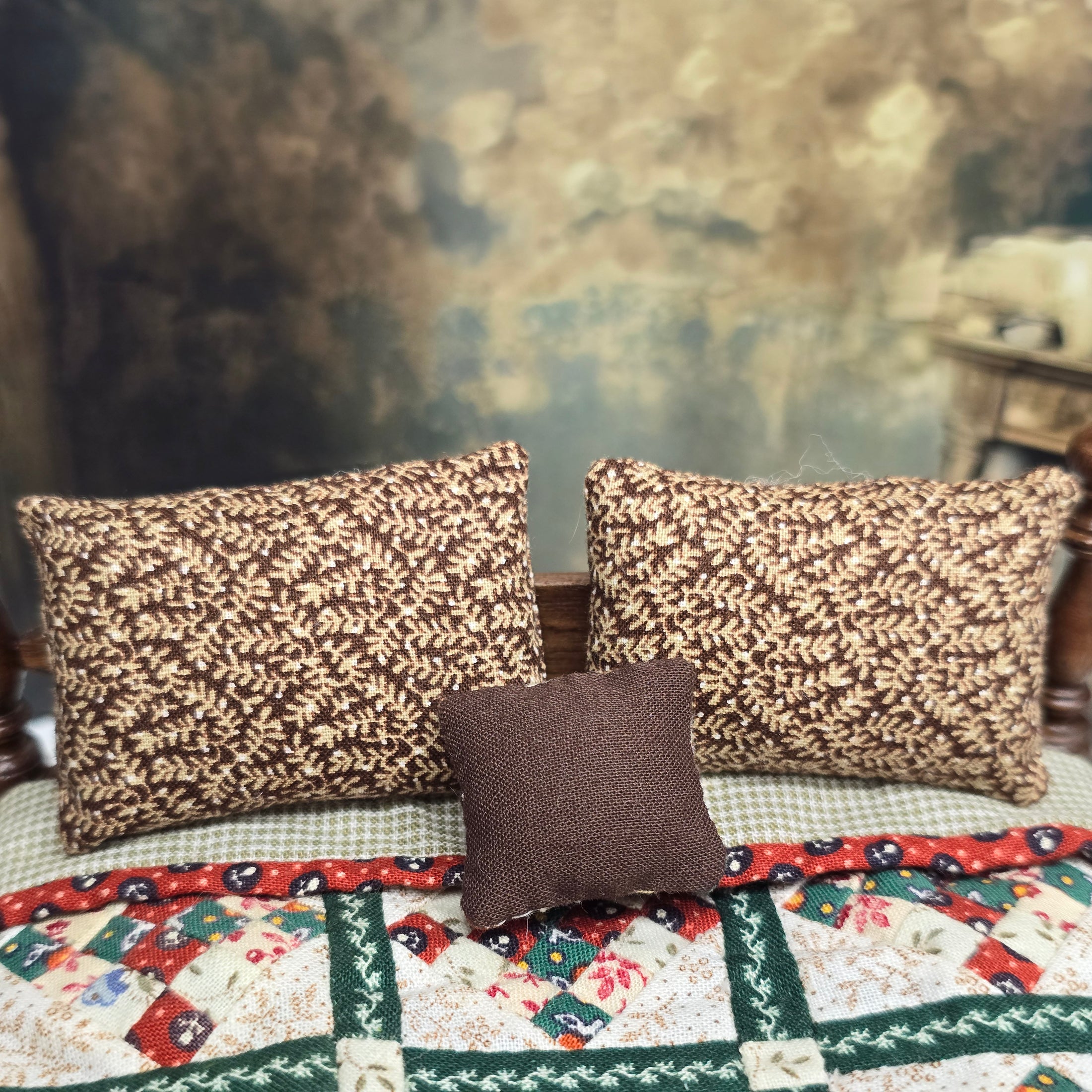 One-of-a-Kind Hand Quilted Patchwork Bedspread Set with Pillows 1:12 Scale