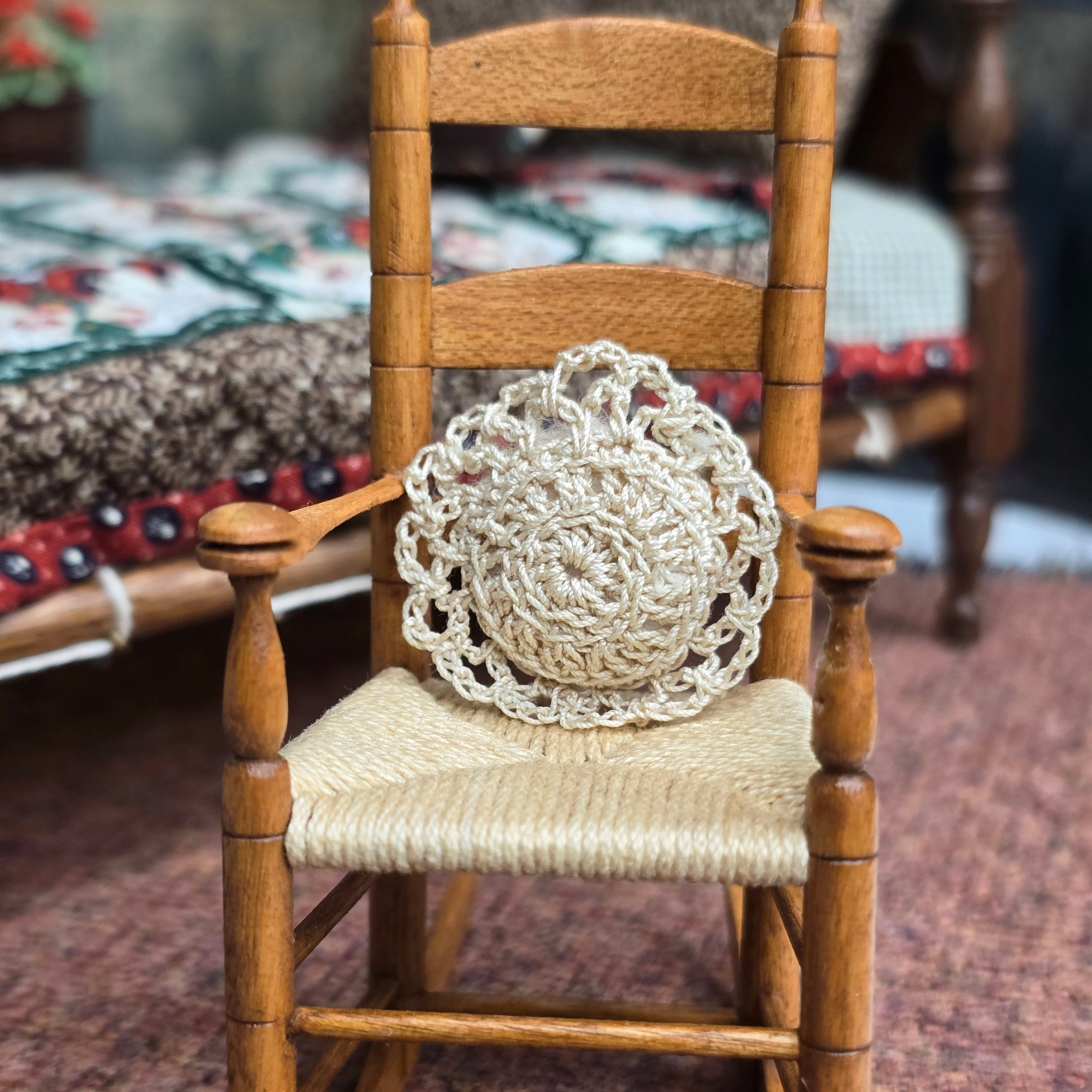 One-of-a-Kind Cream Hand-Crocheted Round Decorative Pillow 1:12 Scale
