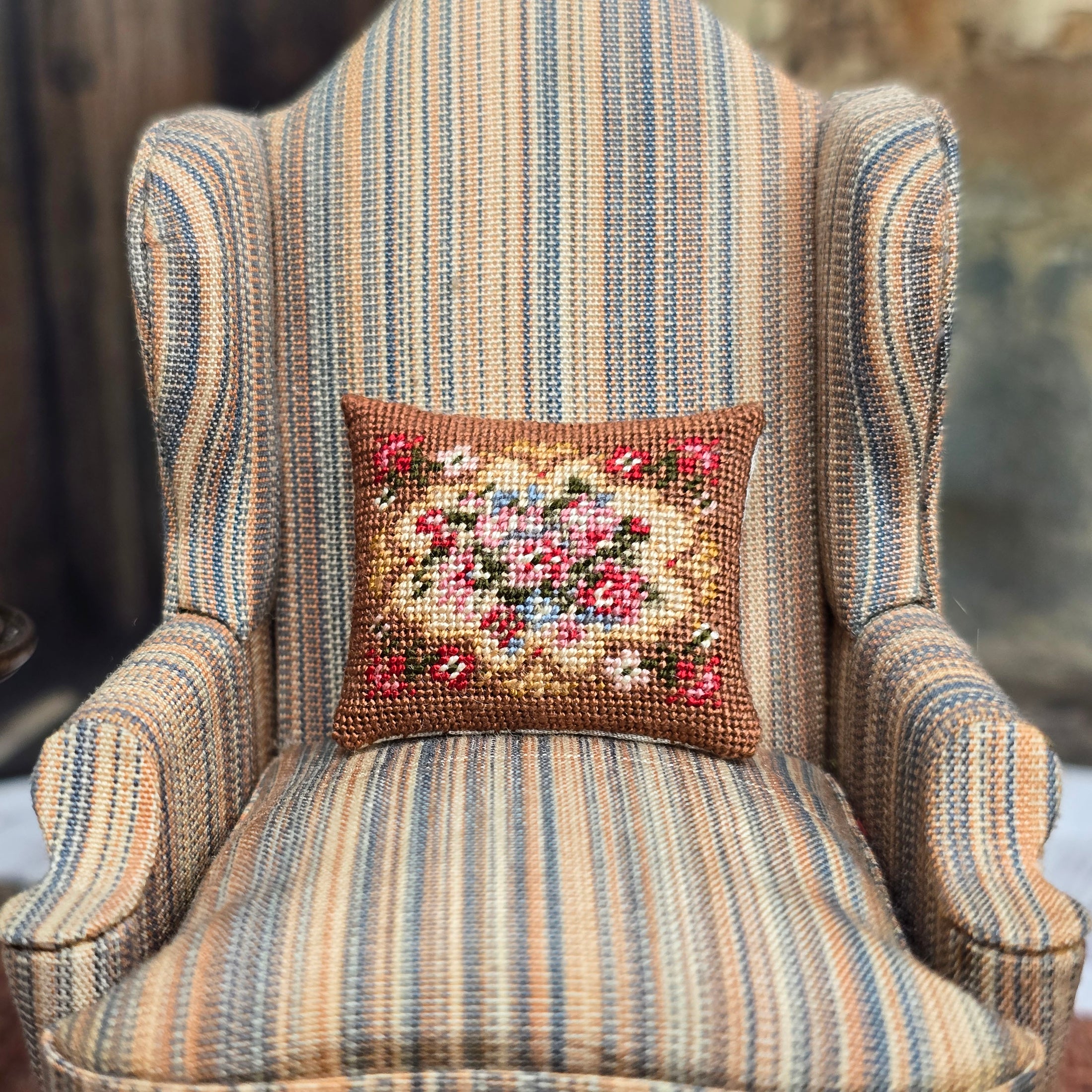 Vintage Sharon Garmize Micro Petit-Point Brown & Red Floral Pillow, 1:12 Scale