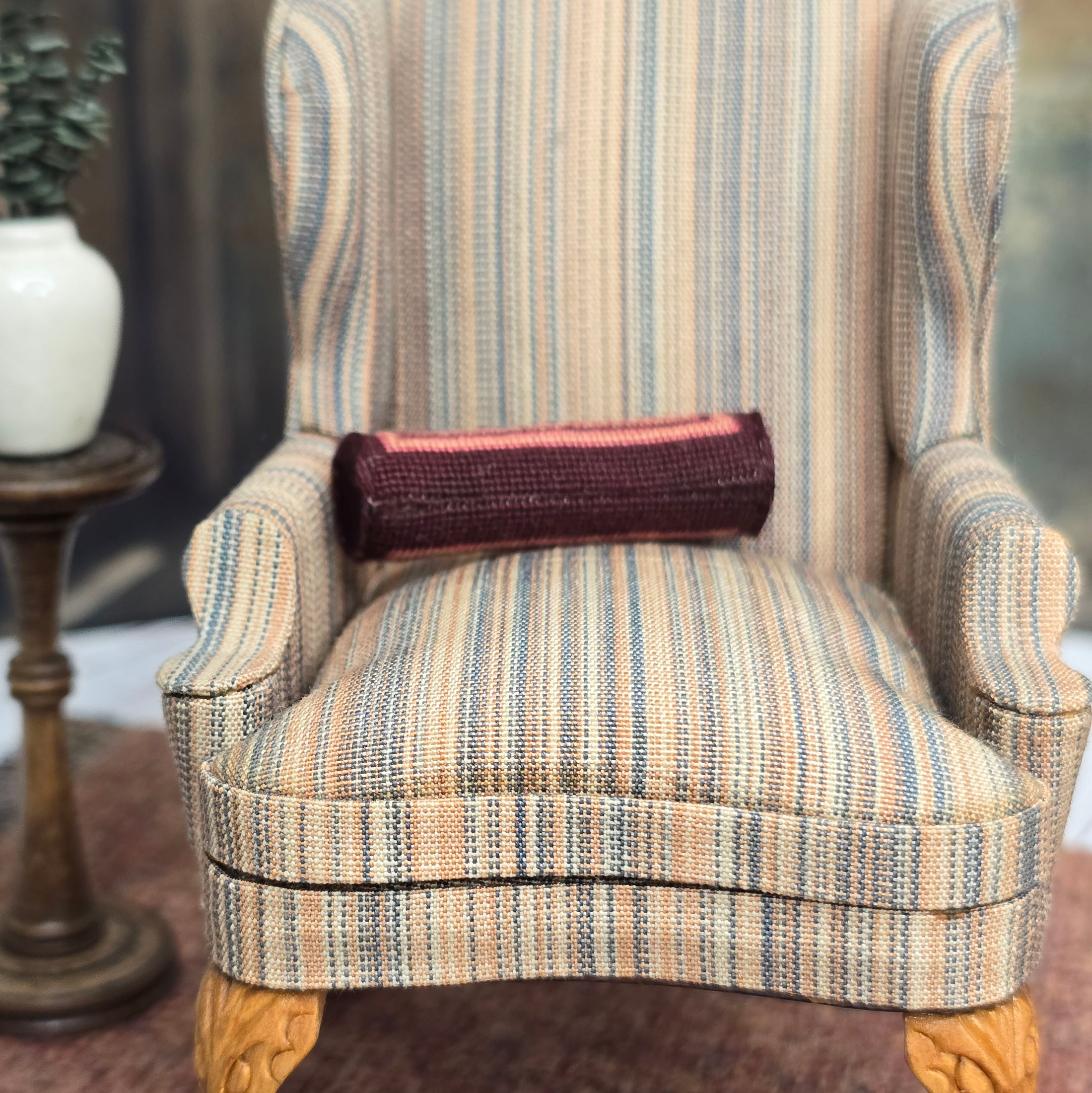 Miniature Hand-Stitched Petit-Point “Mesha” Bolster Pillow by Sharon Garmize (1:12 Scale)