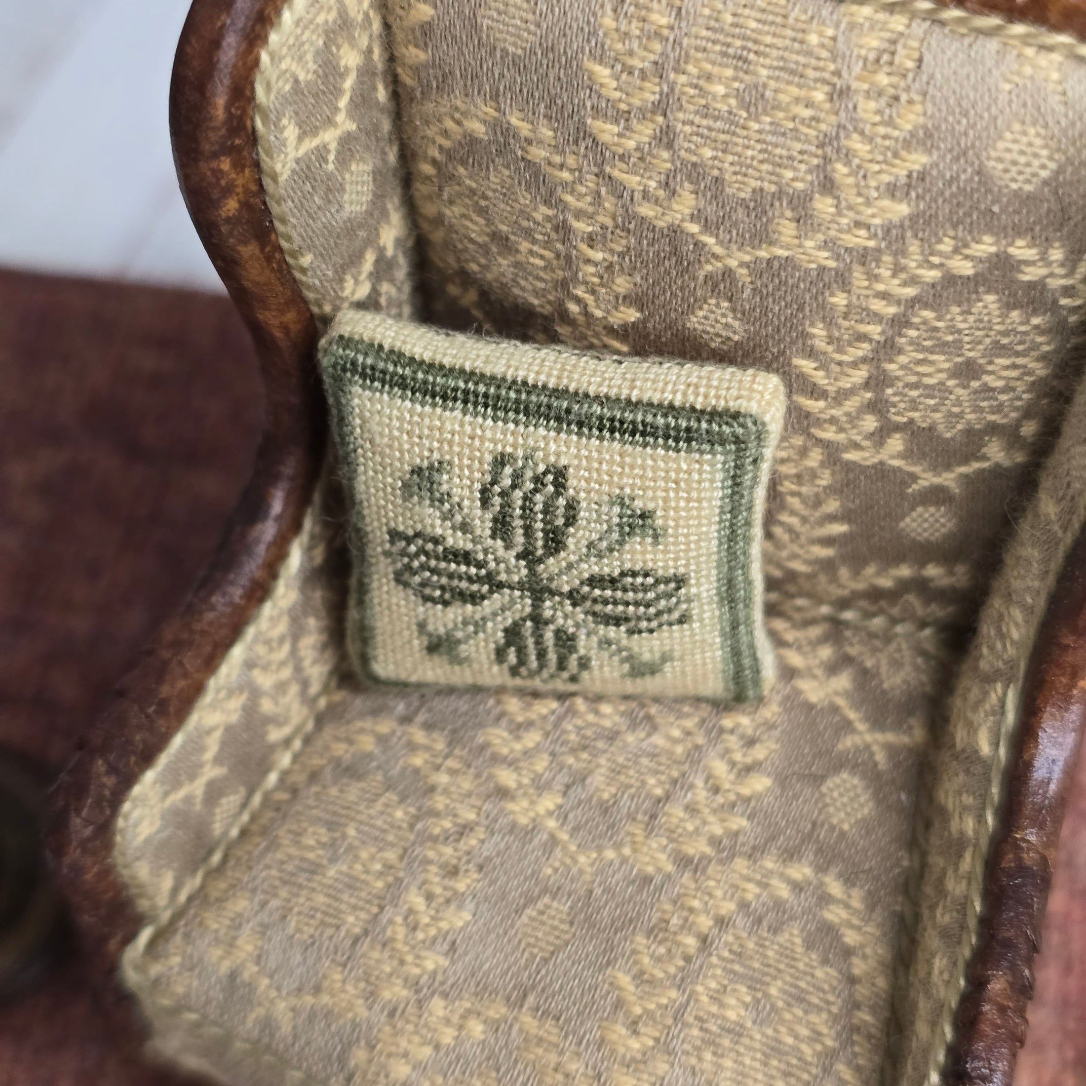 Signed GR Green & Ivory Geometric Petit-Point Square Miniature Decorative Pillow