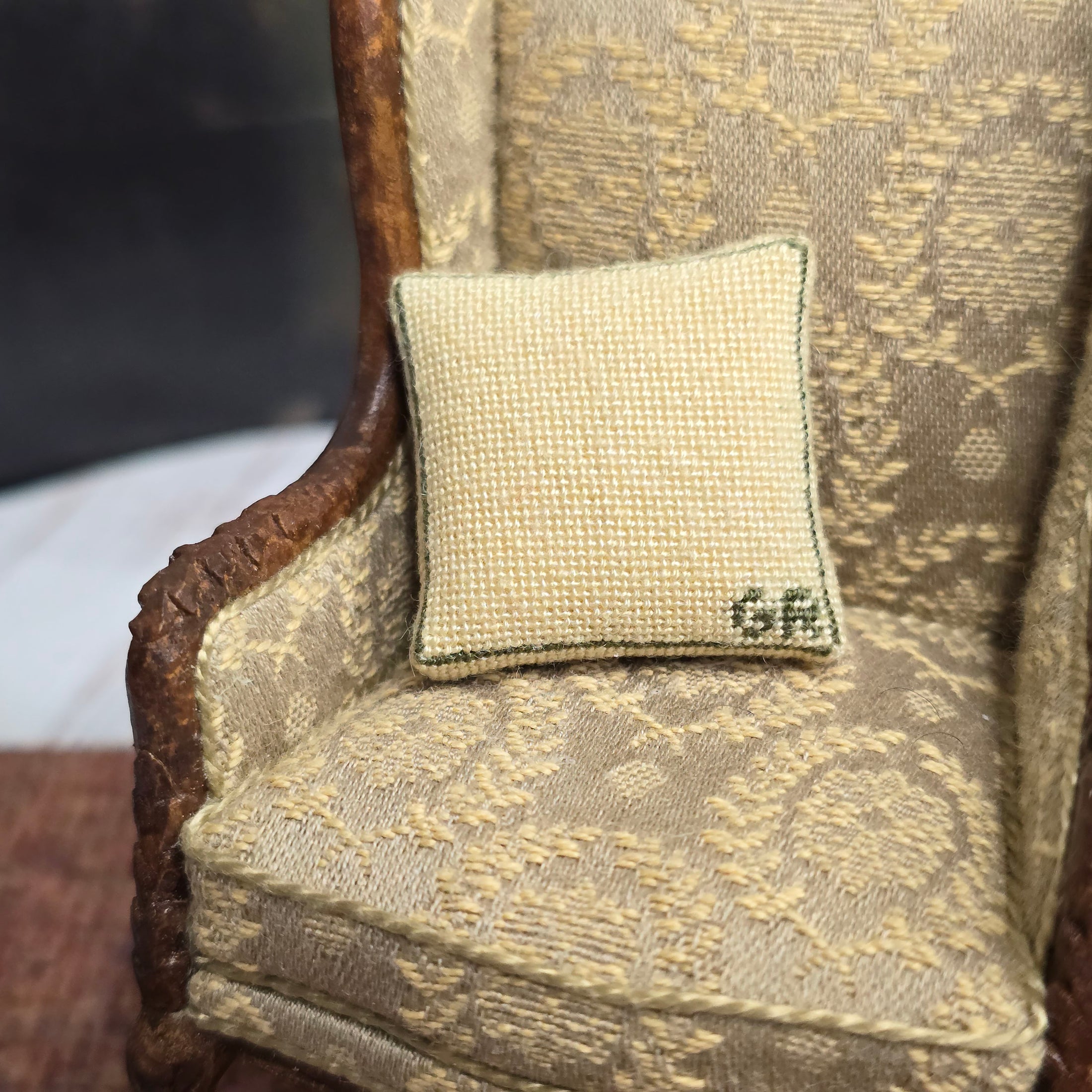 Signed GR Green & Ivory Geometric Petit-Point Square Miniature Decorative Pillow