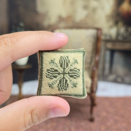 Signed GR Green & Ivory Geometric Petit-Point Square Miniature Decorative Pillow