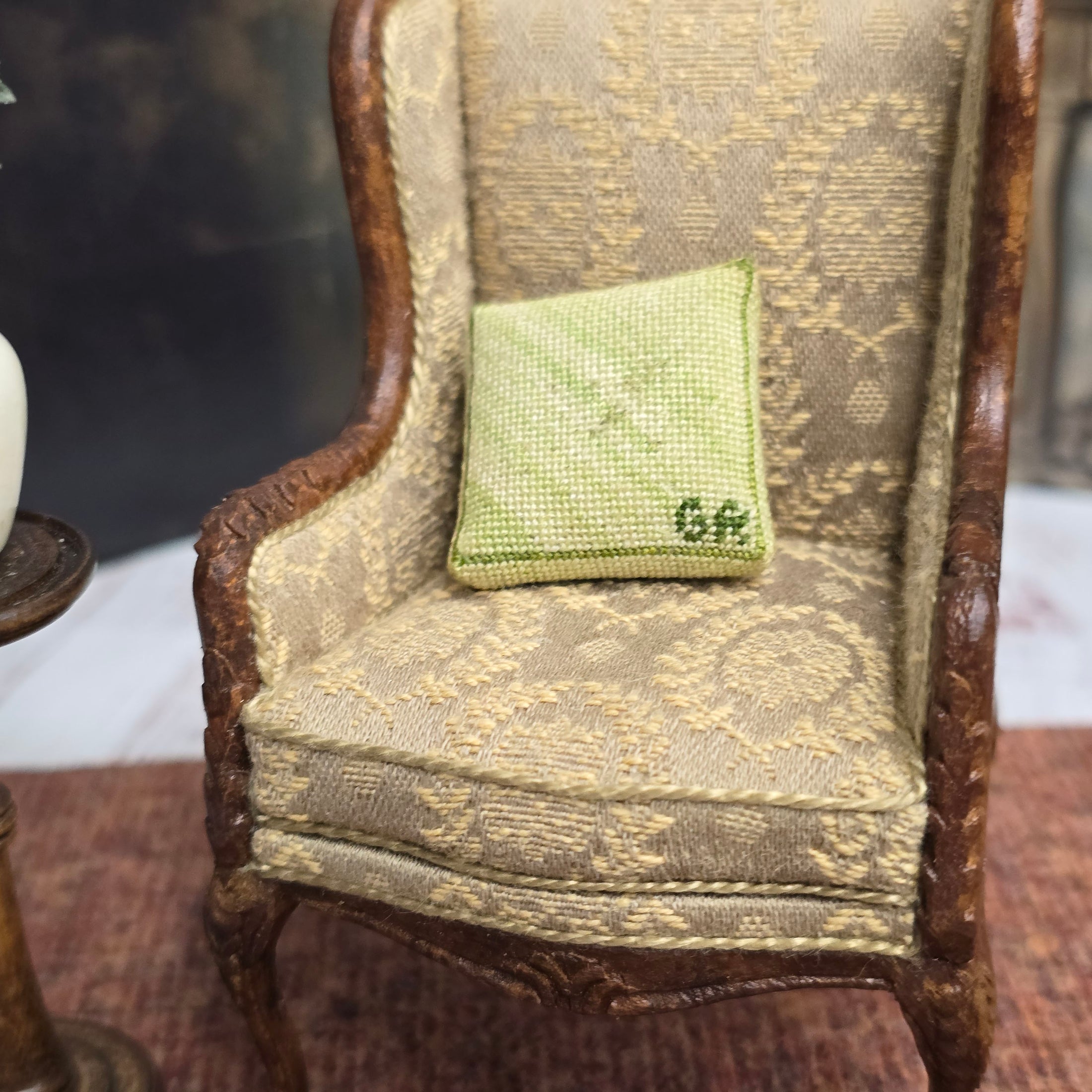 OOAK Petit-Point Green Diagonal Stripe Miniature Pillow Signed GR