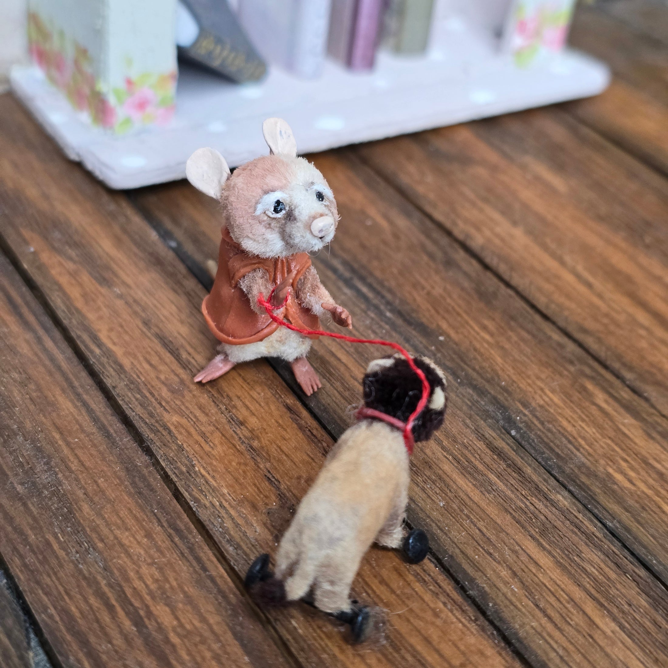 Aleah Klay Mouse with Lion Pull Toy OOAK Miniature c.2012