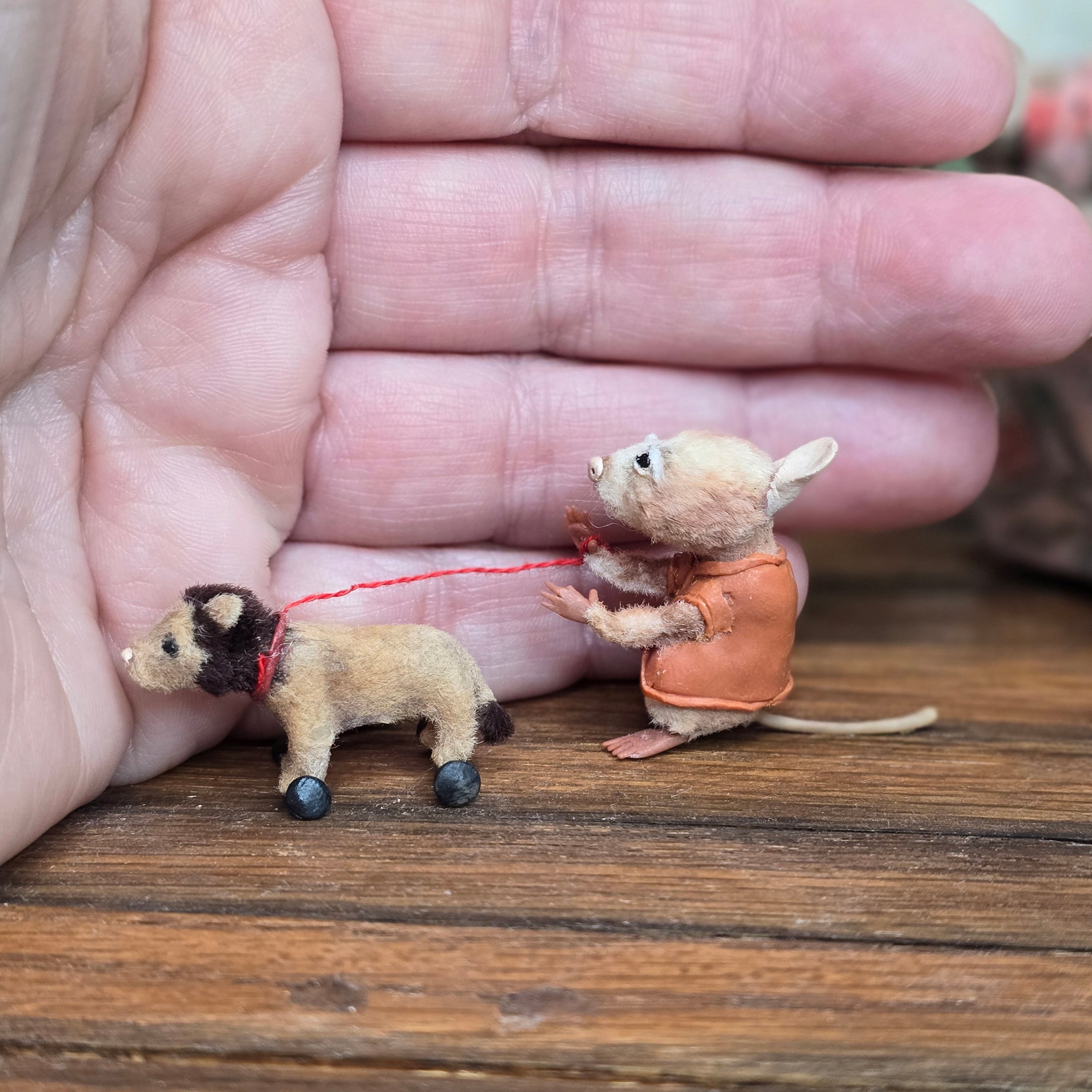 Aleah Klay Mouse with Lion Pull Toy OOAK Miniature c.2012