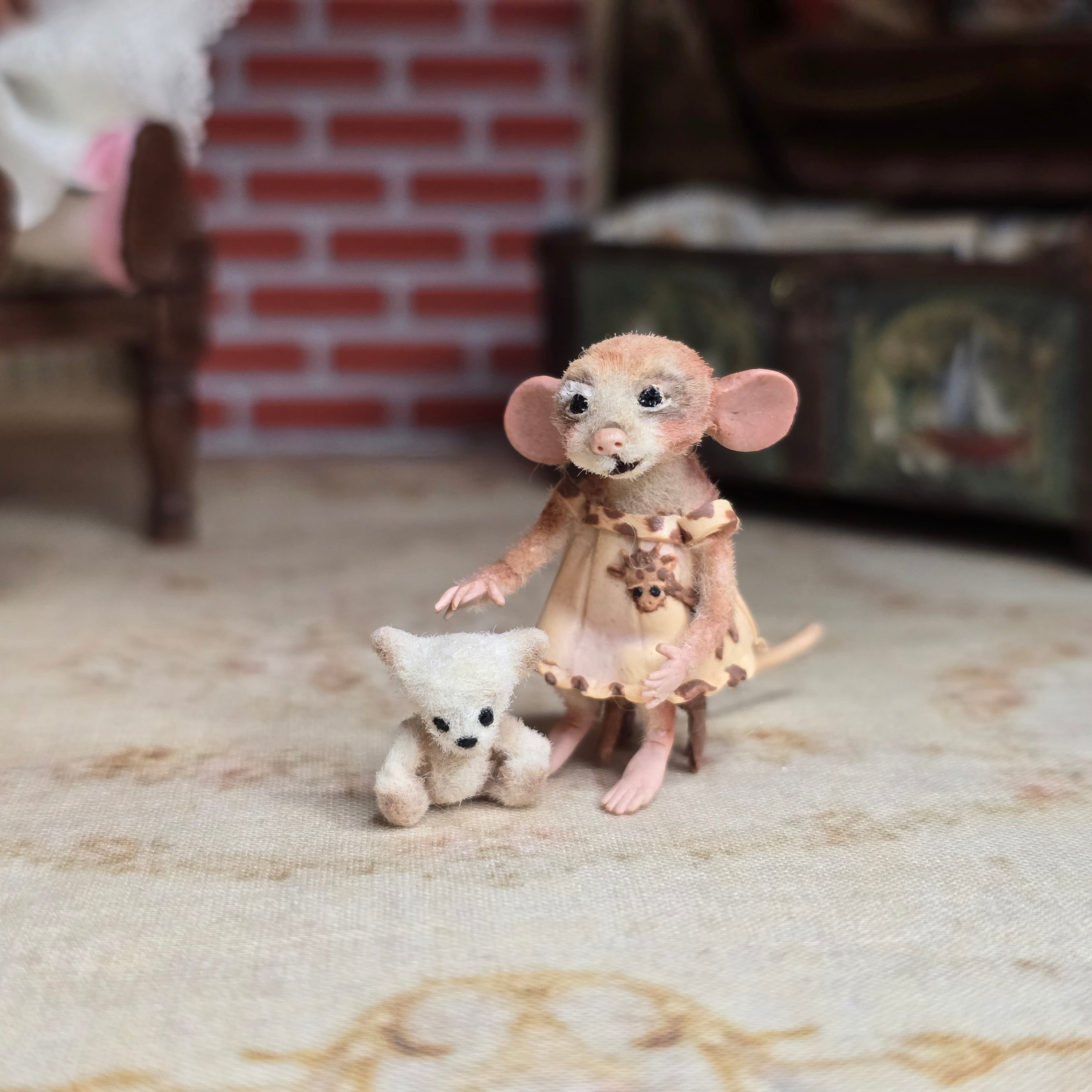Aleah Klay Miniature Mouse Girl with her Teddy Bear Companion OOAK 2012