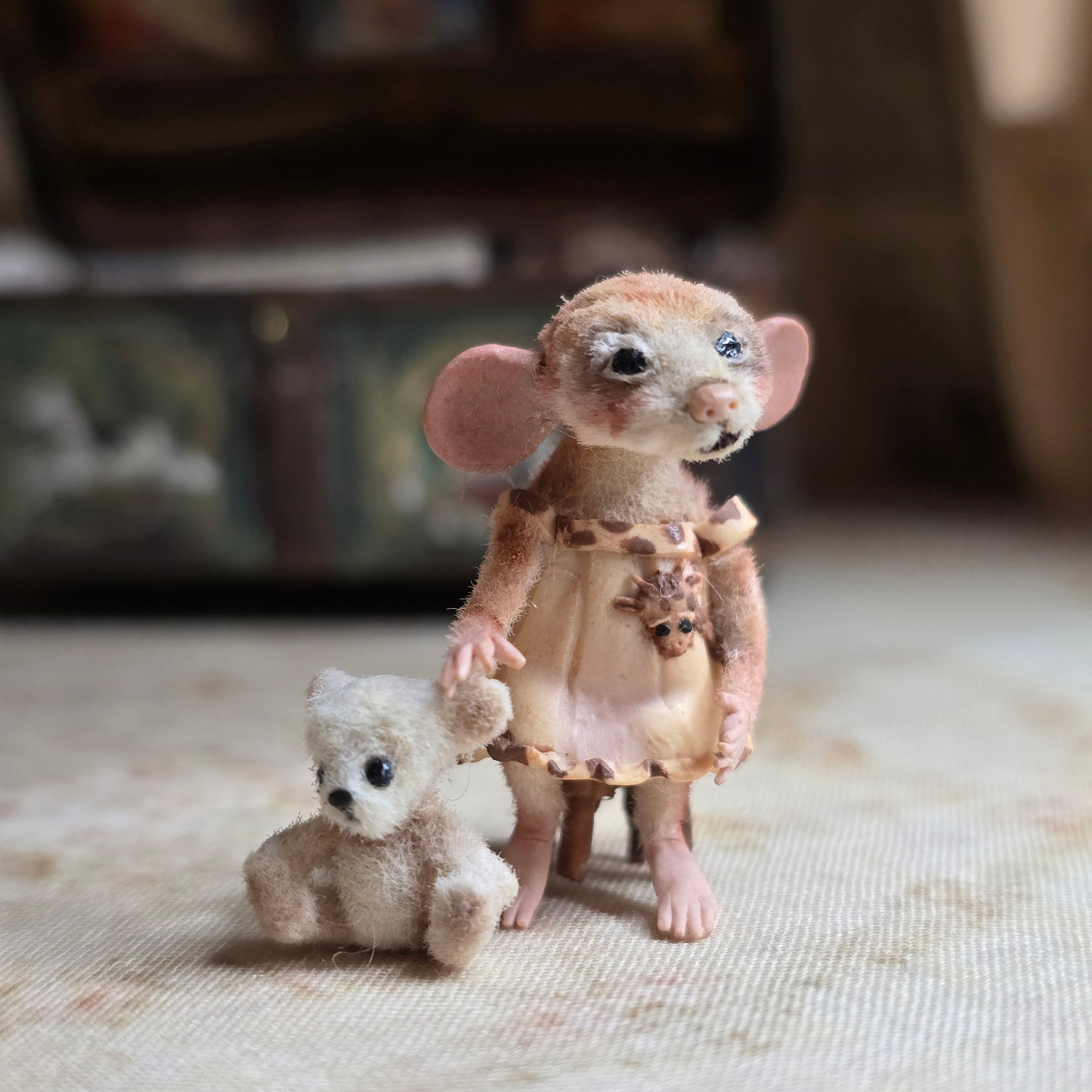 Aleah Klay Miniature Mouse Girl with her Teddy Bear Companion OOAK 2012