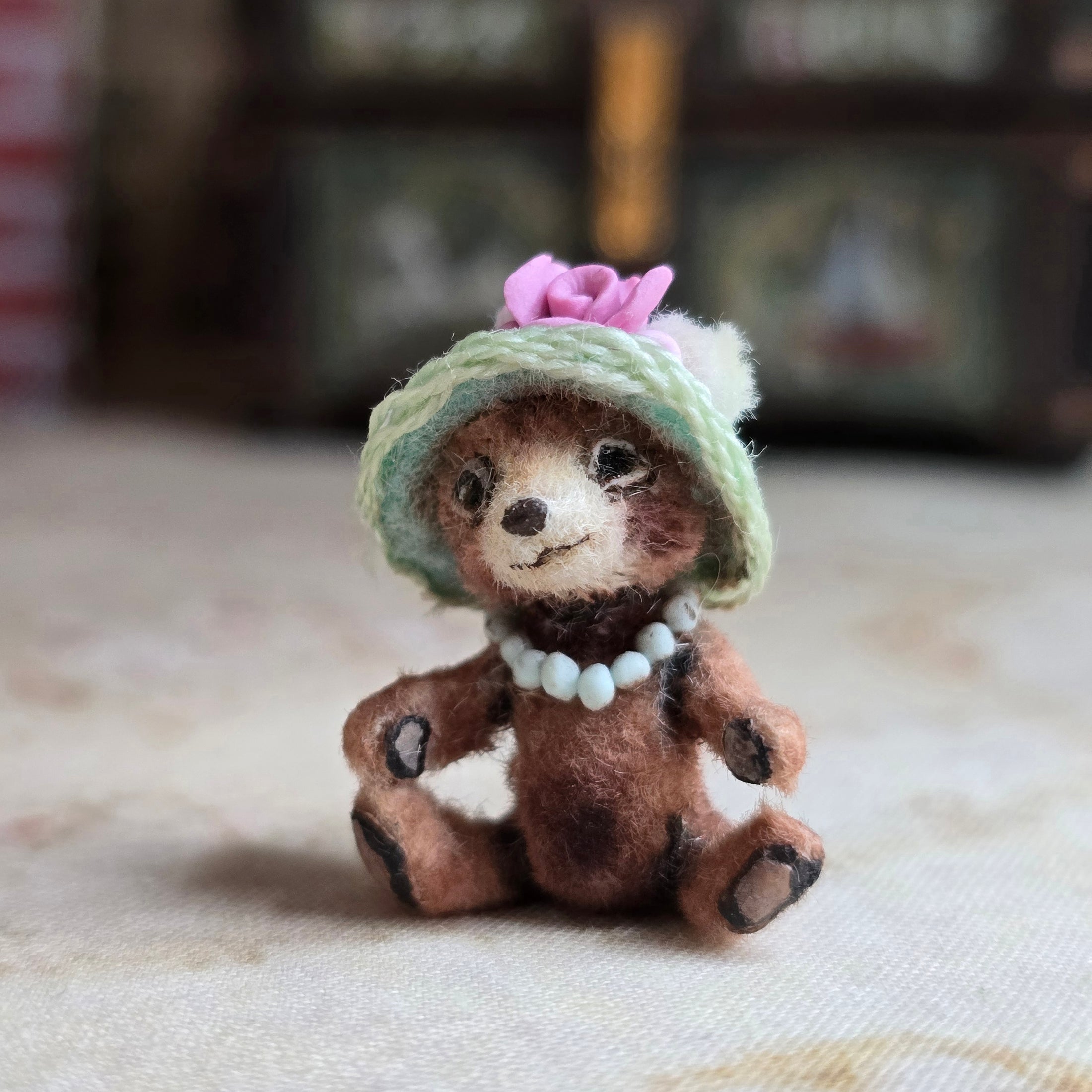 Aleah Klay Rose Hat Sculpted Clay Toy Teddy Bear OOAK 2014