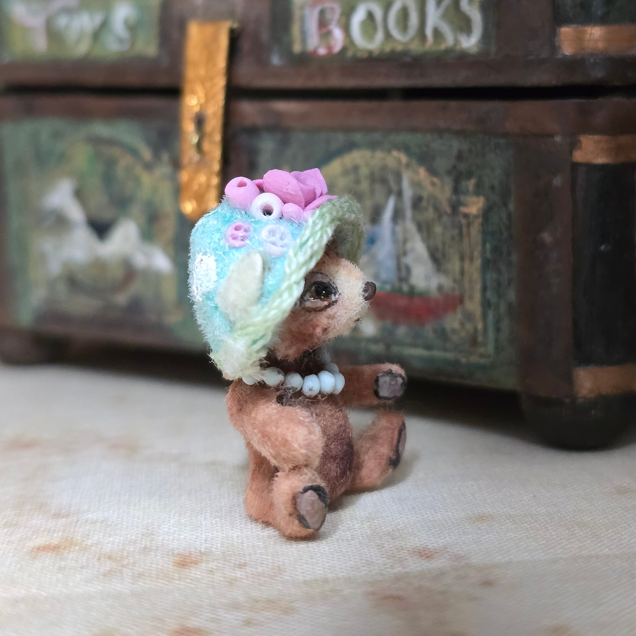 Aleah Klay Rose Hat Sculpted Clay Toy Teddy Bear OOAK 2014