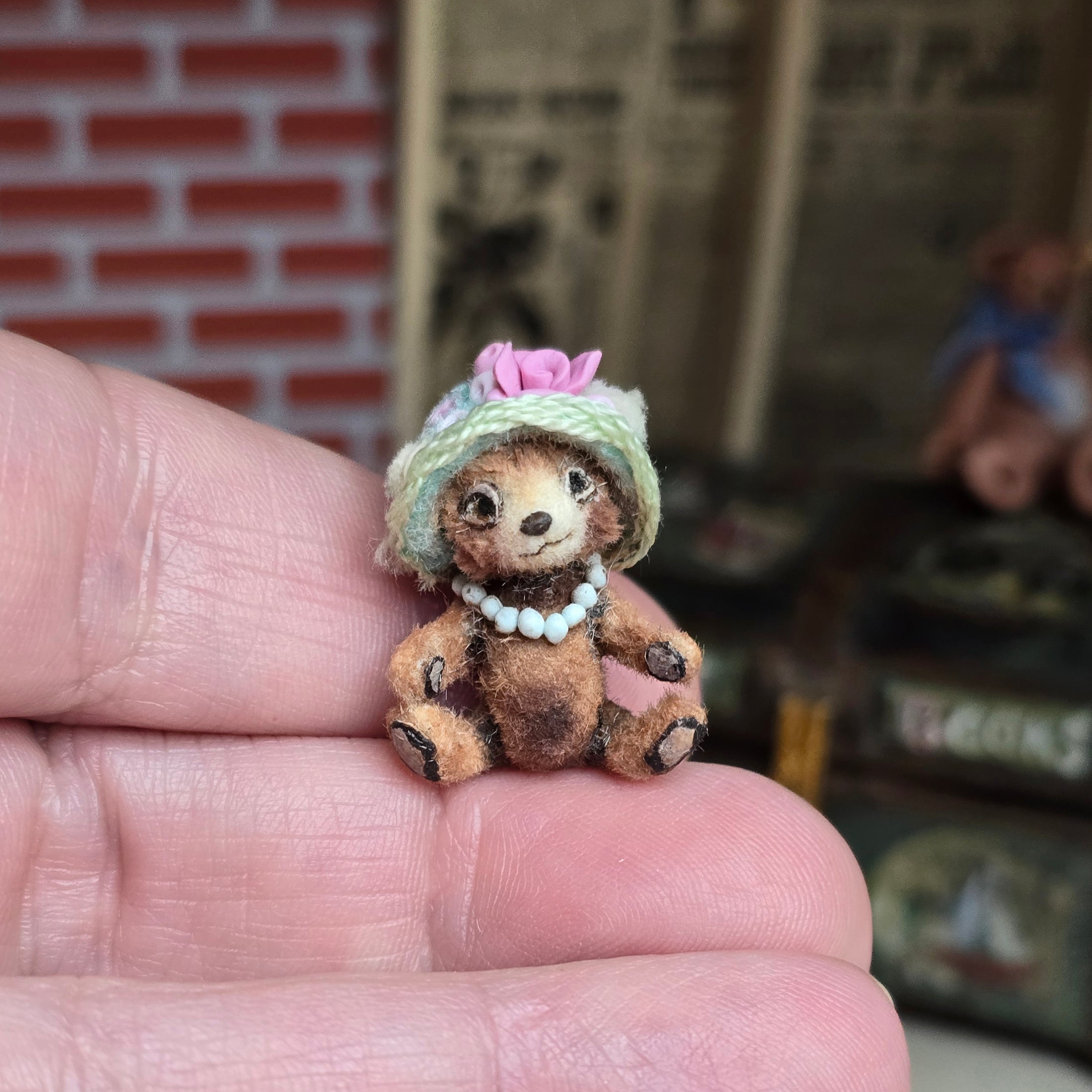 Aleah Klay Rose Hat Sculpted Clay Toy Teddy Bear OOAK 2014