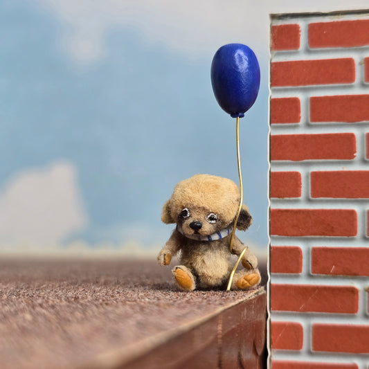 Aleah Klay Sad, Pouty Teddy Bear with Blue Balloon OOAK Miniature 2013 Sculpted