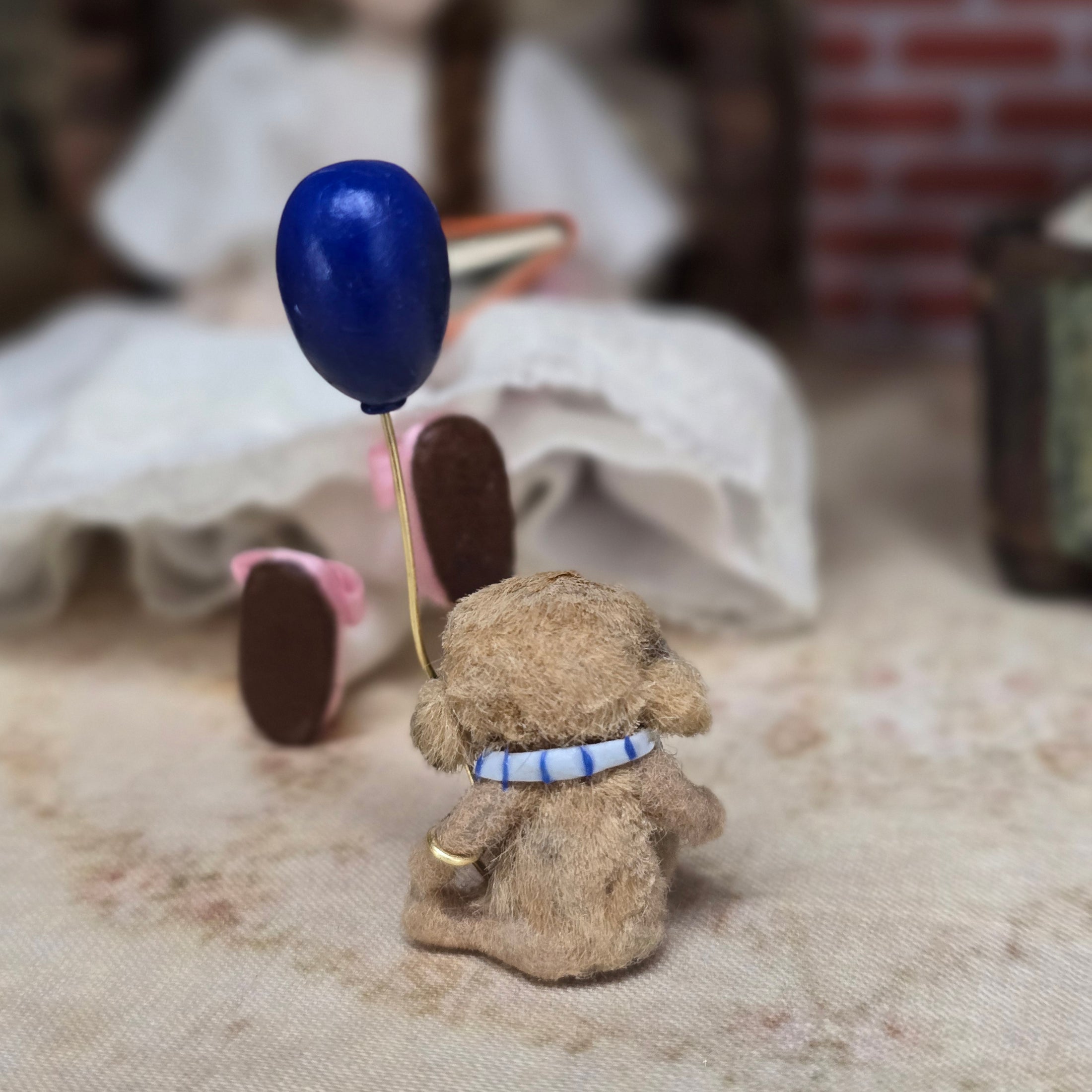 Aleah Klay Sad, Pouty Teddy Bear with Blue Balloon OOAK Miniature 2013 Sculpted