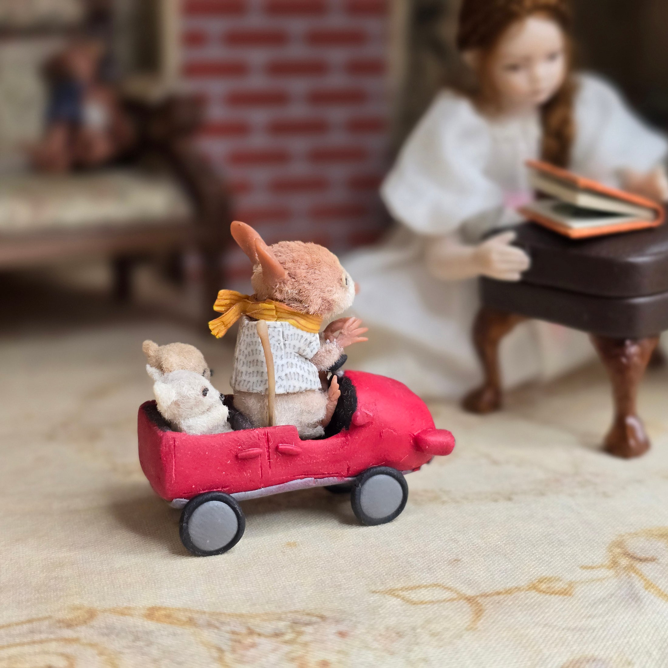 Aleah Klay “Miniature Mouse Driving Red Car with Teddy Bears” OOAK 2012