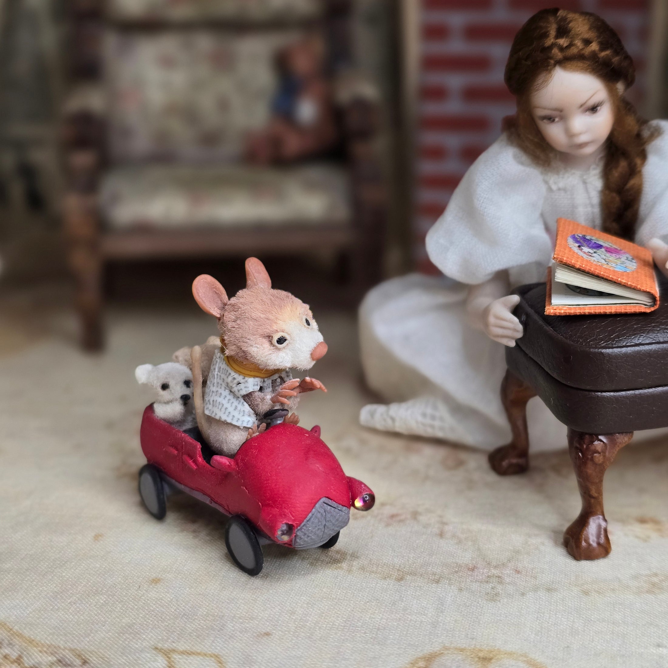 Aleah Klay “Miniature Mouse Driving Red Car with Teddy Bears” OOAK 2012