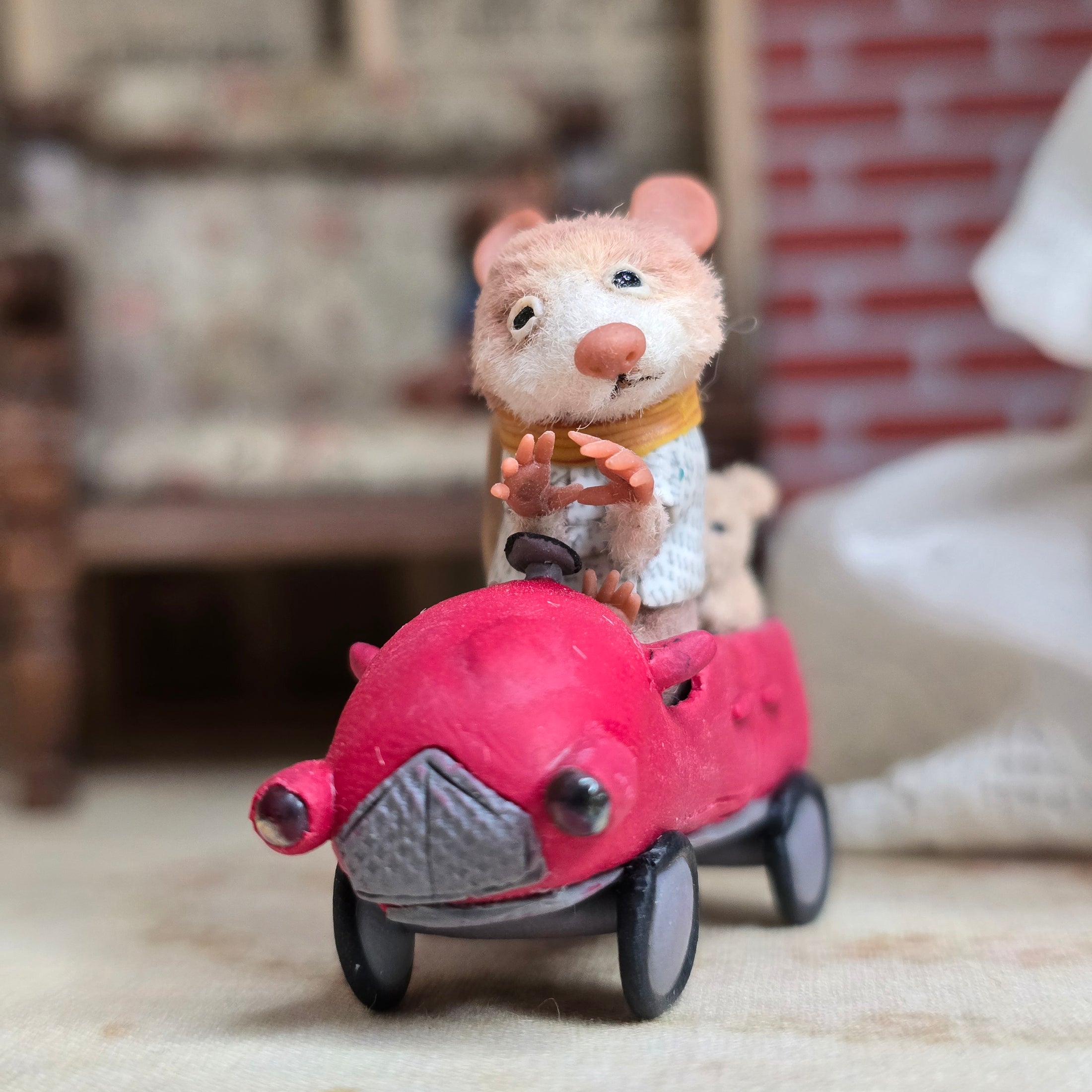 Aleah Klay “Miniature Mouse Driving Red Car with Teddy Bears” OOAK 2012