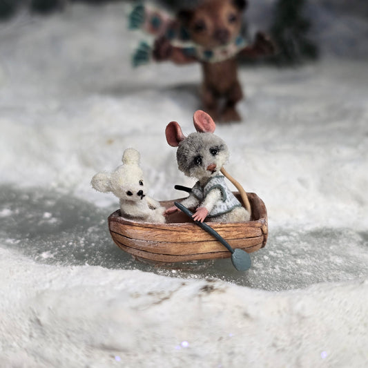 Aleah Klay Mouse in Row Boat with Teddy Bear OOAK Miniature c.2012