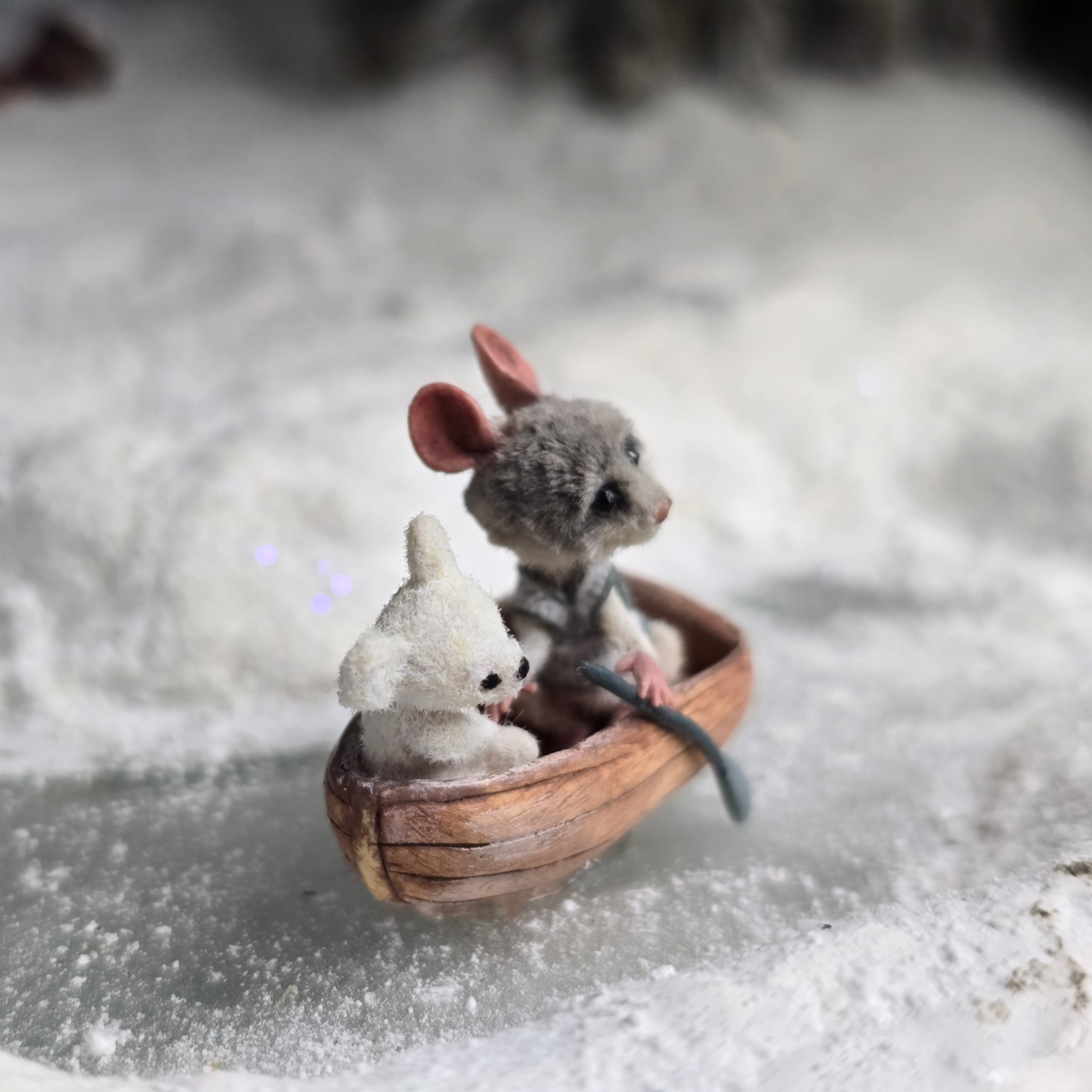 Aleah Klay Mouse in Row Boat with Teddy Bear OOAK Miniature c.2012