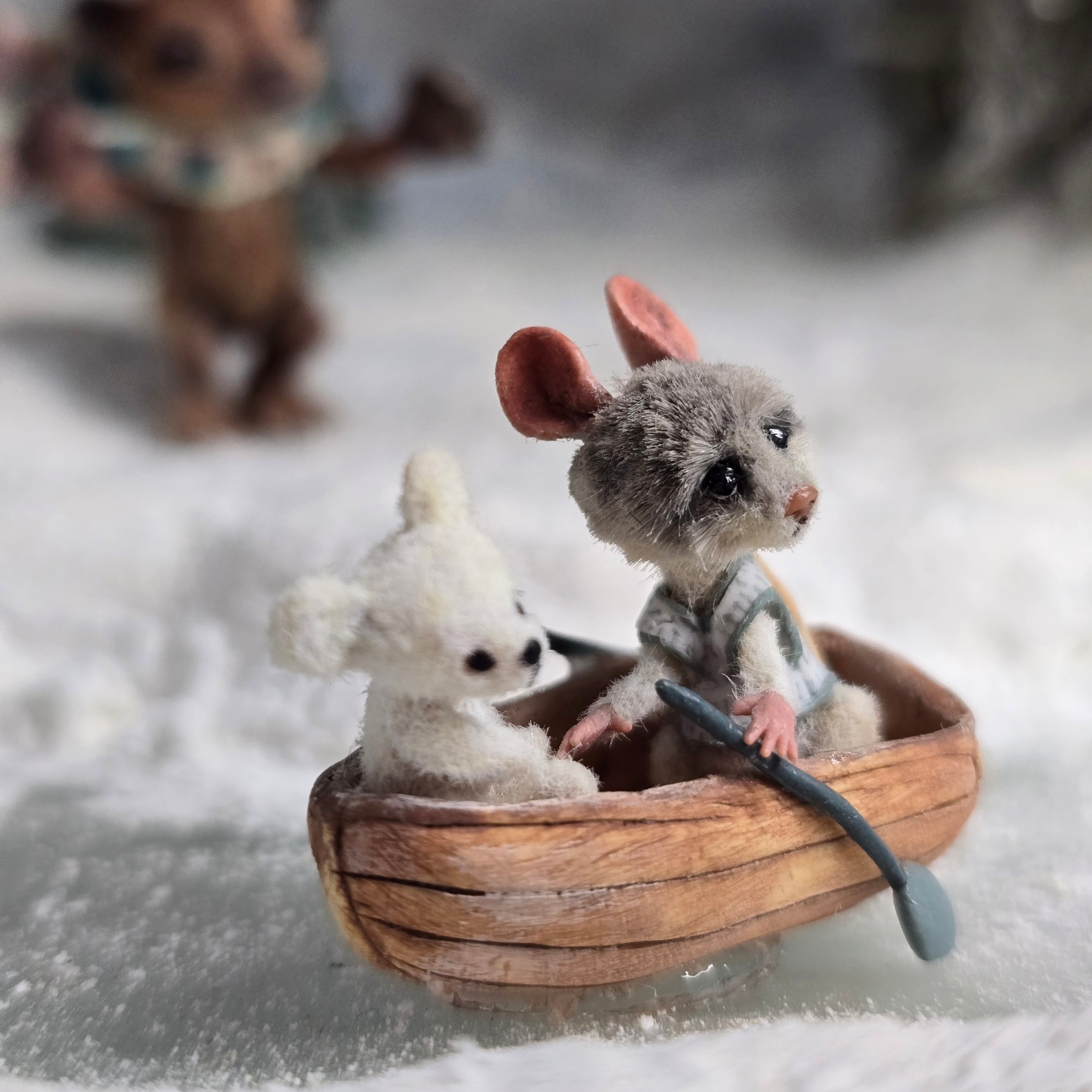 Aleah Klay Mouse in Row Boat with Teddy Bear OOAK Miniature c.2012