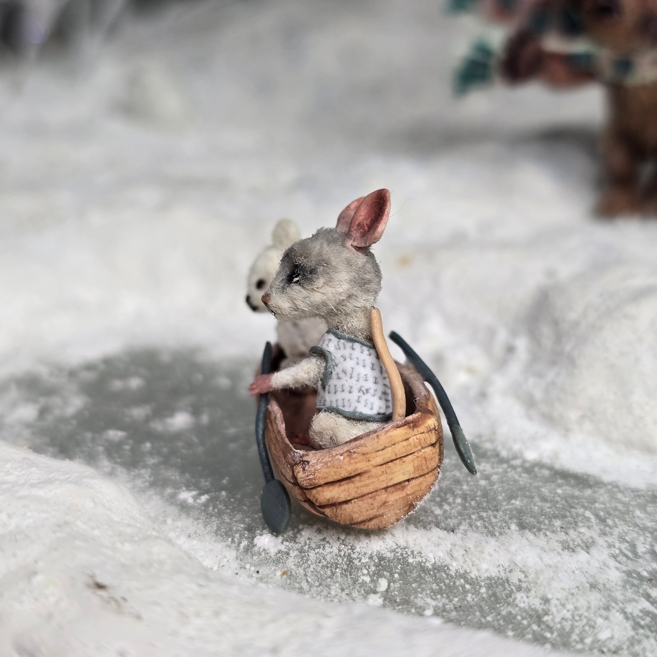 Aleah Klay Mouse in Row Boat with Teddy Bear OOAK Miniature c.2012