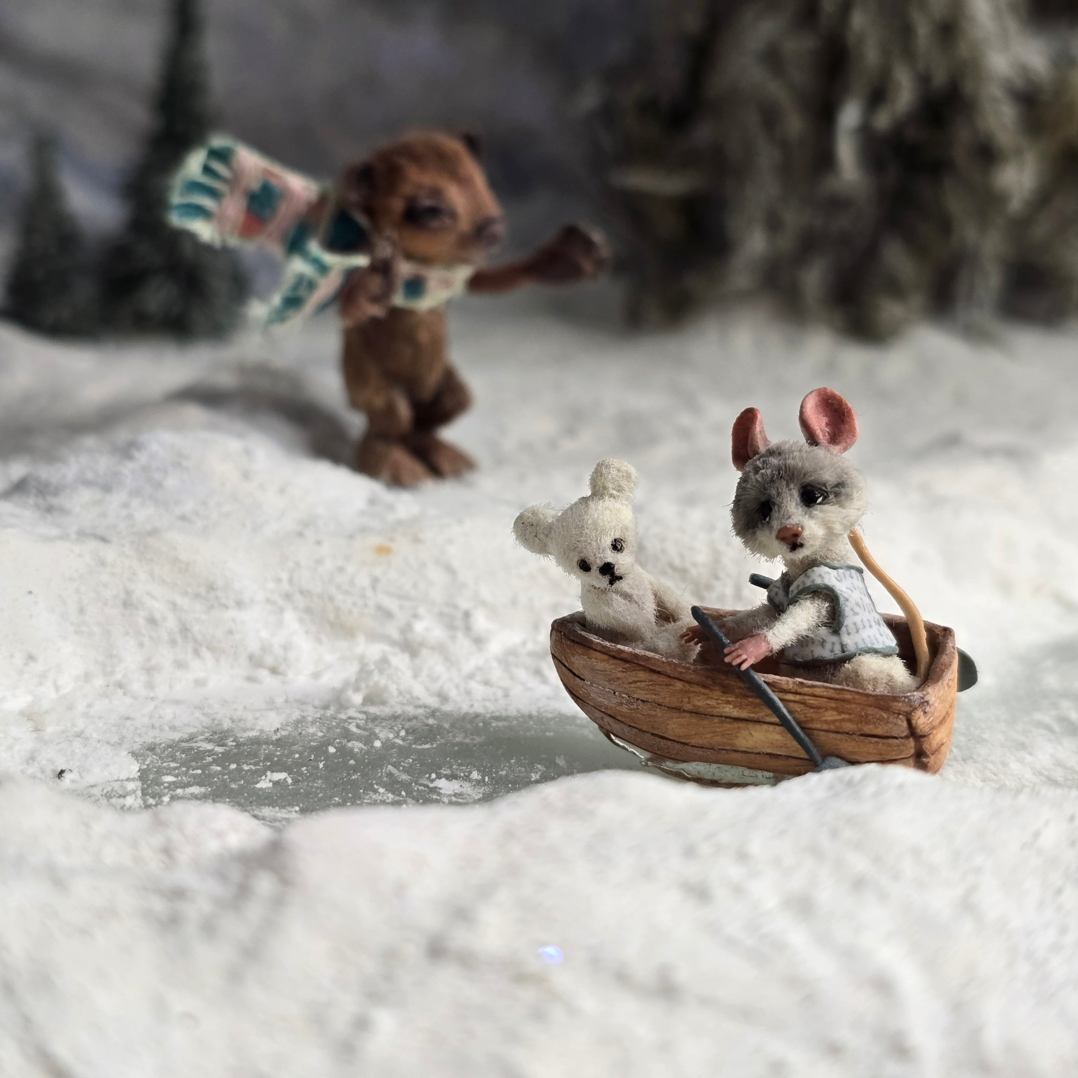 Aleah Klay Mouse in Row Boat with Teddy Bear OOAK Miniature c.2012