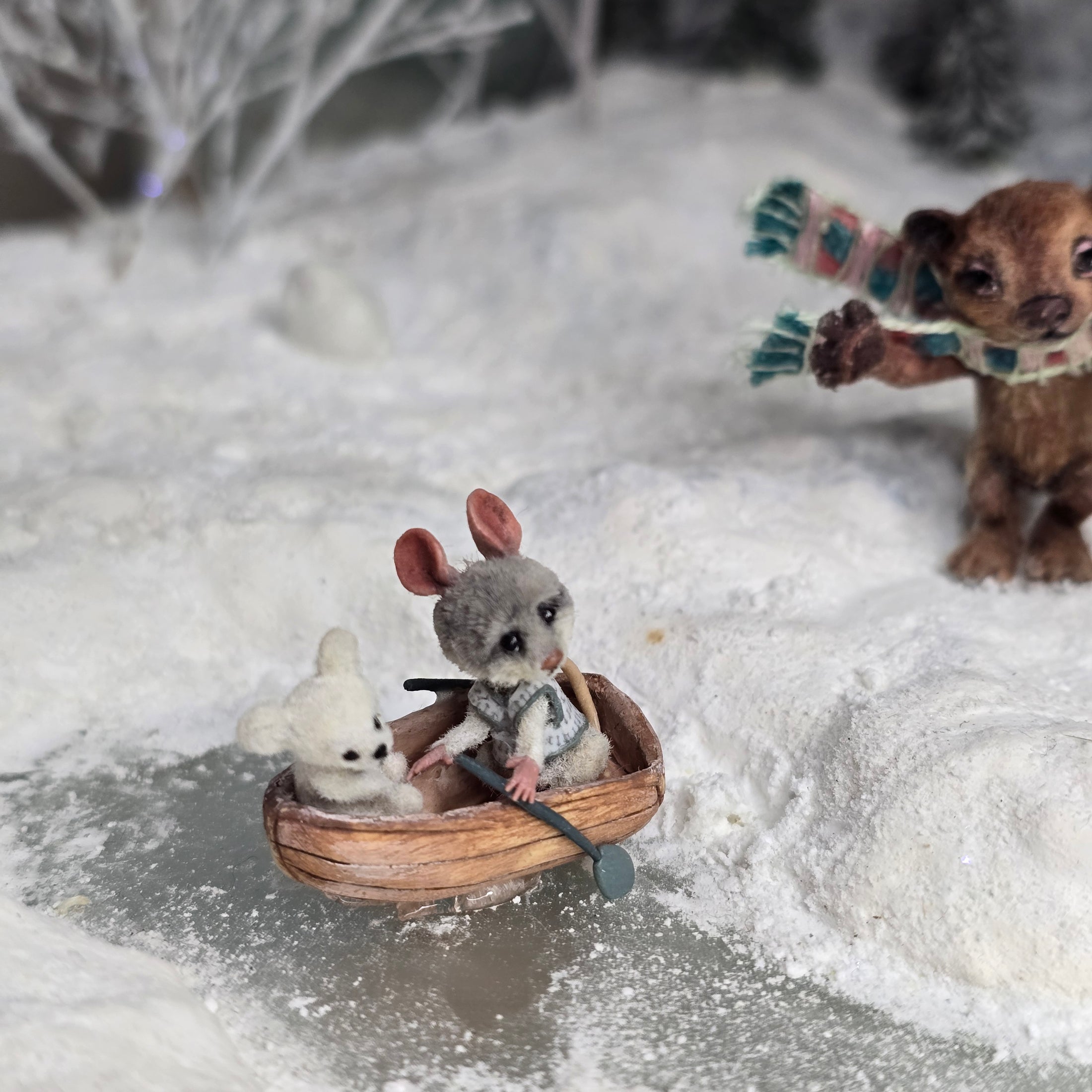 Aleah Klay Mouse in Row Boat with Teddy Bear OOAK Miniature c.2012