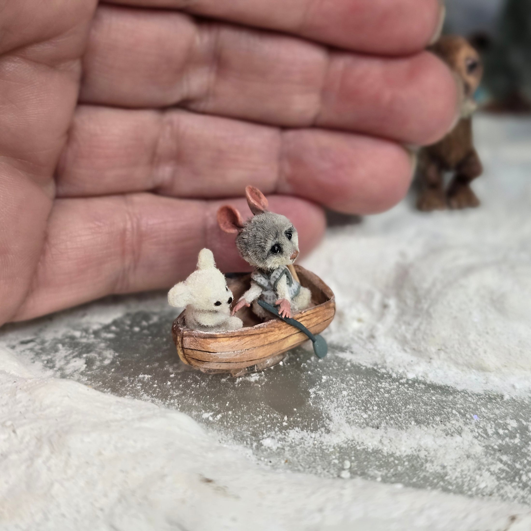 Aleah Klay Mouse in Row Boat with Teddy Bear OOAK Miniature c.2012