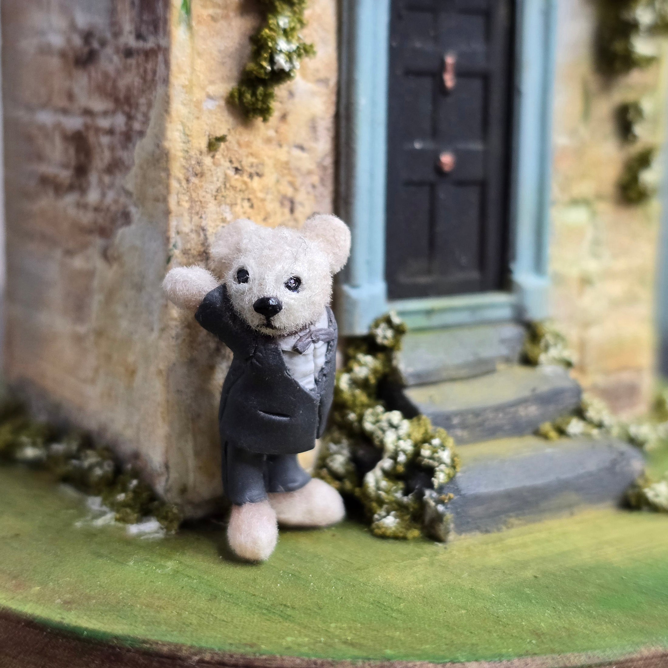 Aleah Klay White Teddy Bear in Tuxedo OOAK Miniature 2013