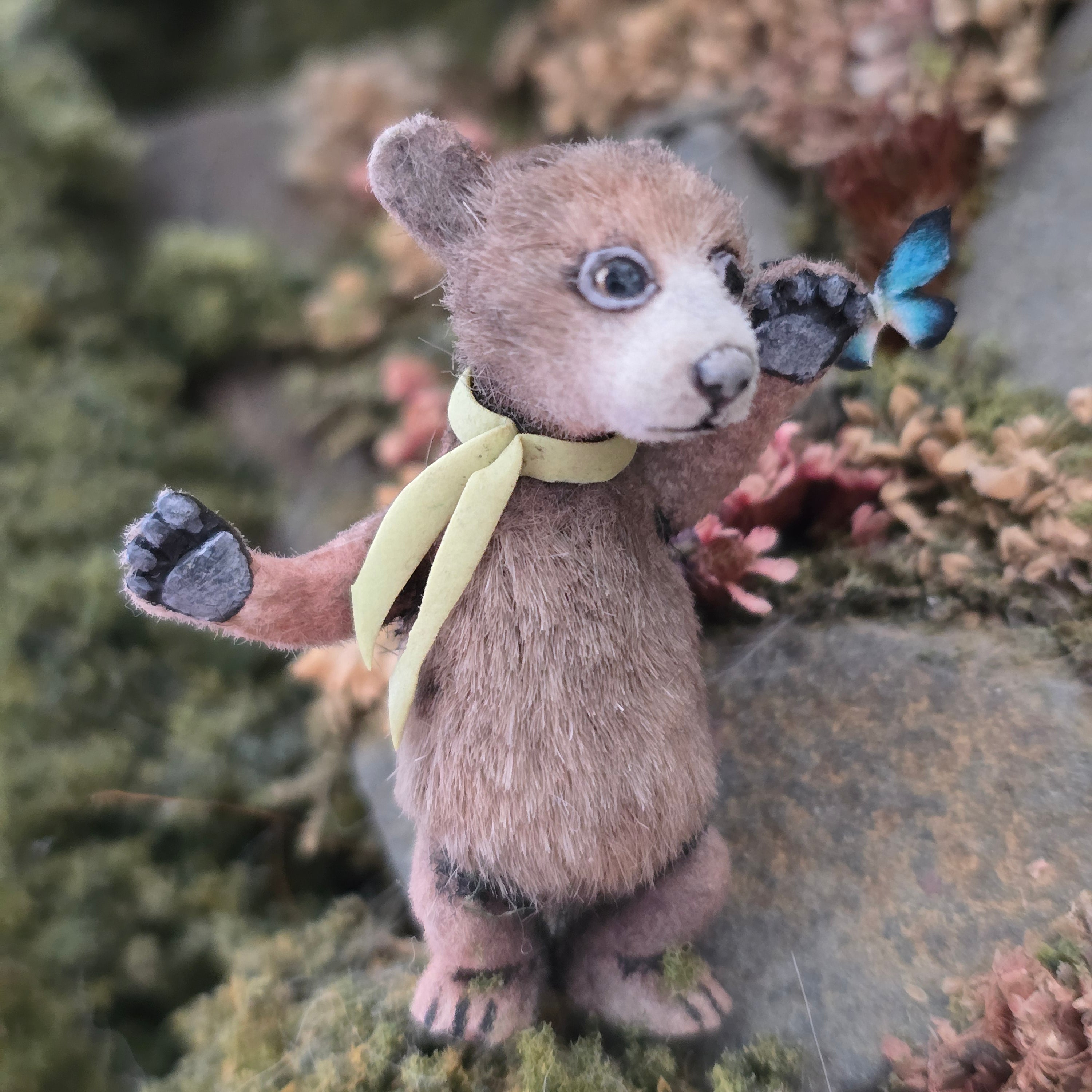 Aleah Klay Brown Bear with Blue Butterfly OOAK Miniature 2013