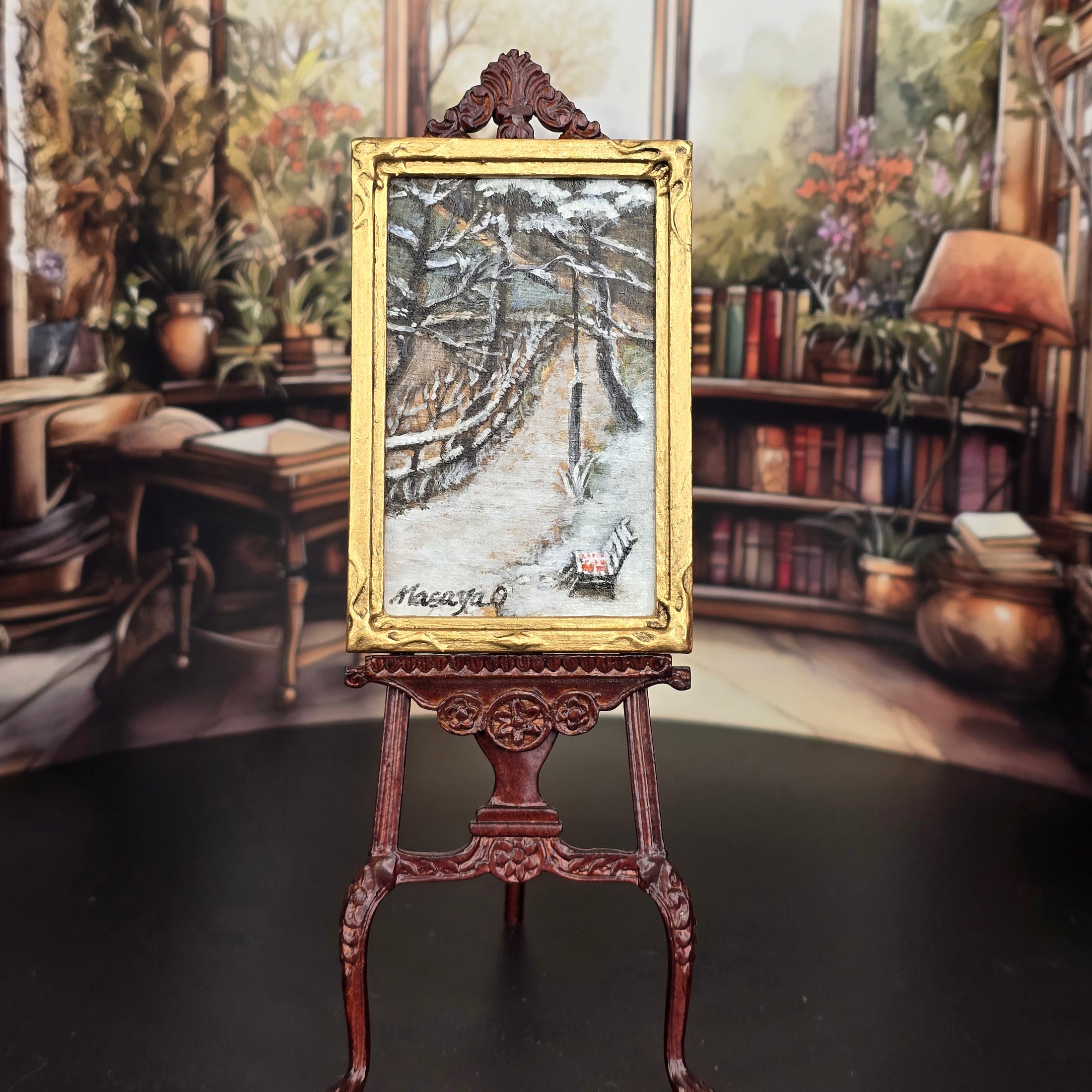 Miniature Dollhouse Artisan Masaya Okada Park Bench in Winter Framed Painting