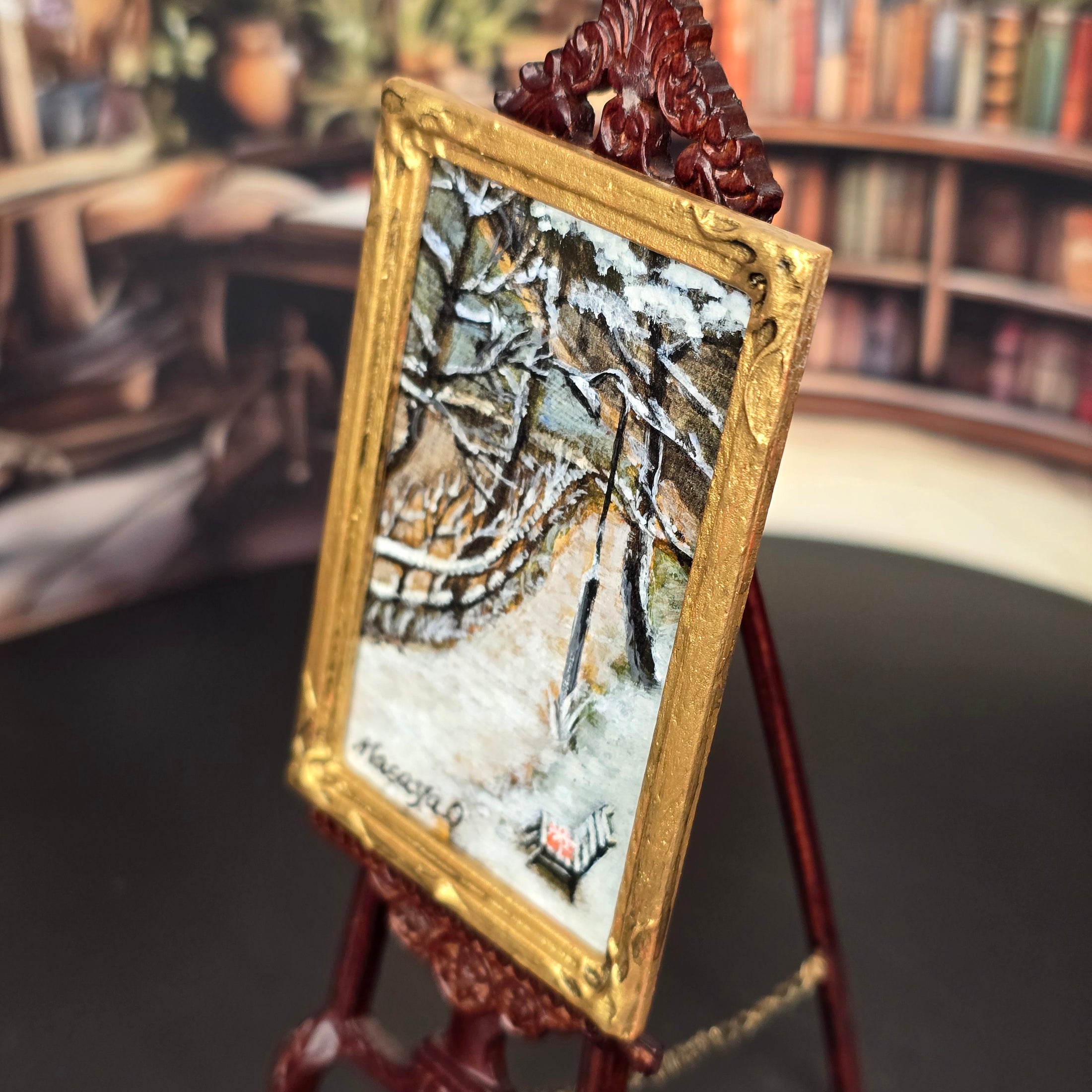 Miniature Dollhouse Artisan Masaya Okada Park Bench in Winter Framed Painting