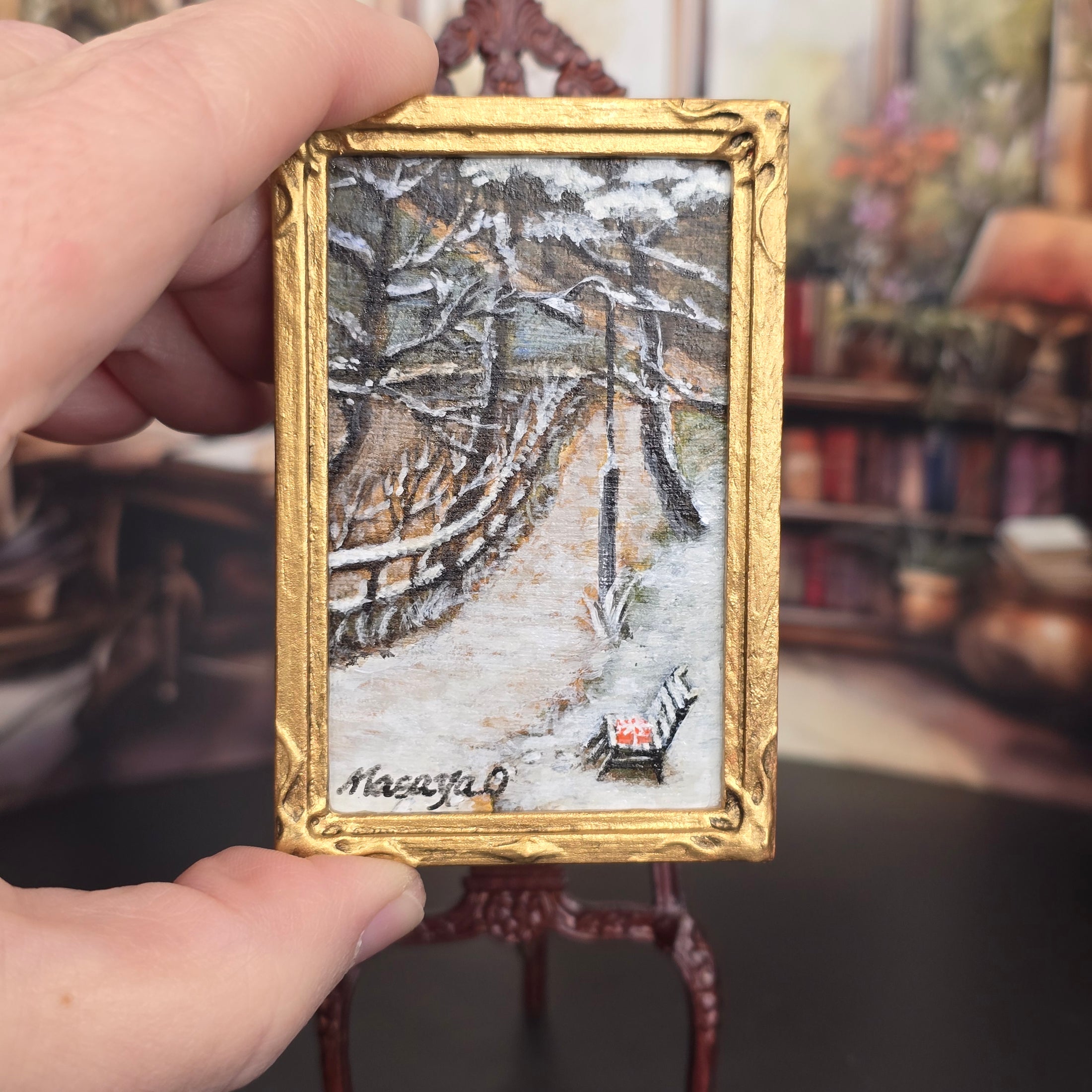 Miniature Dollhouse Artisan Masaya Okada Park Bench in Winter Framed Painting