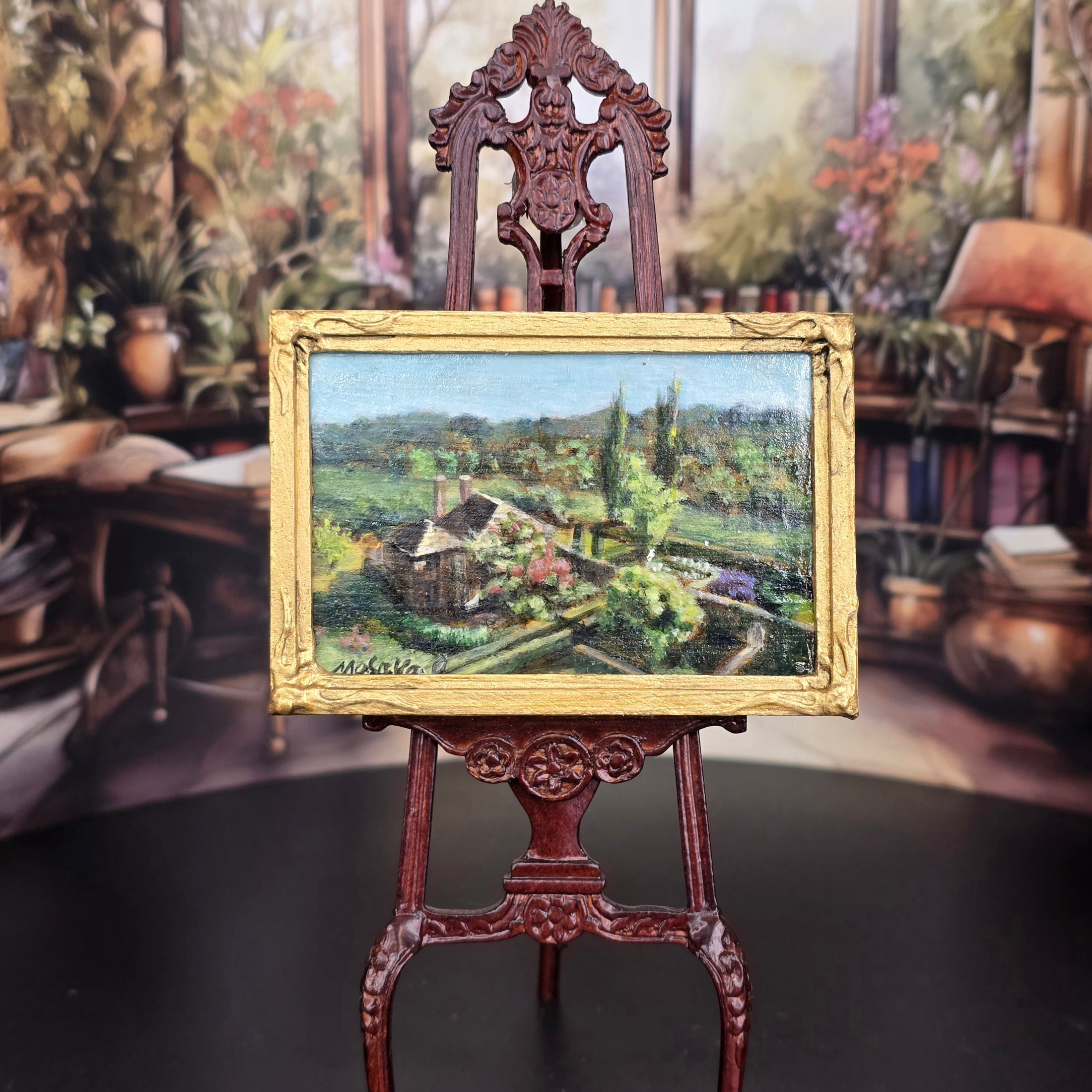 1:12 miniature oil painting, Garden in Bloom, by Japanese artisan Masaya Okada, on easel