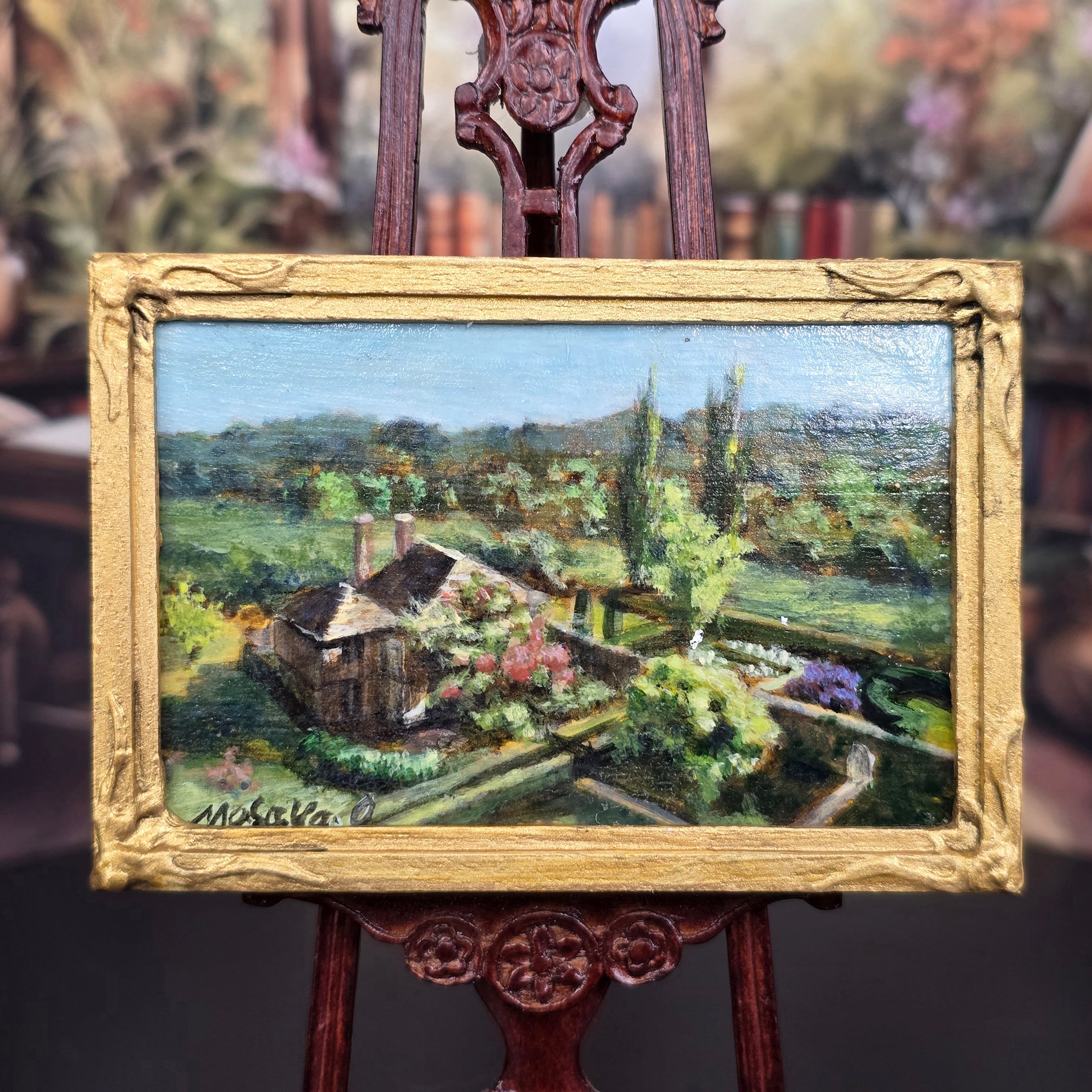 1:12 miniature oil painting, Garden in Bloom, by Japanese artisan Masaya Okada, up close on easel