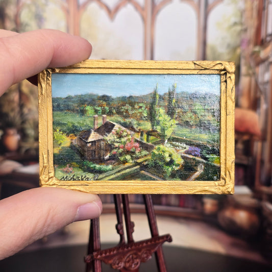 1:12 miniature oil painting, Garden in Bloom, by Japanese artisan Masaya Okada held in hands