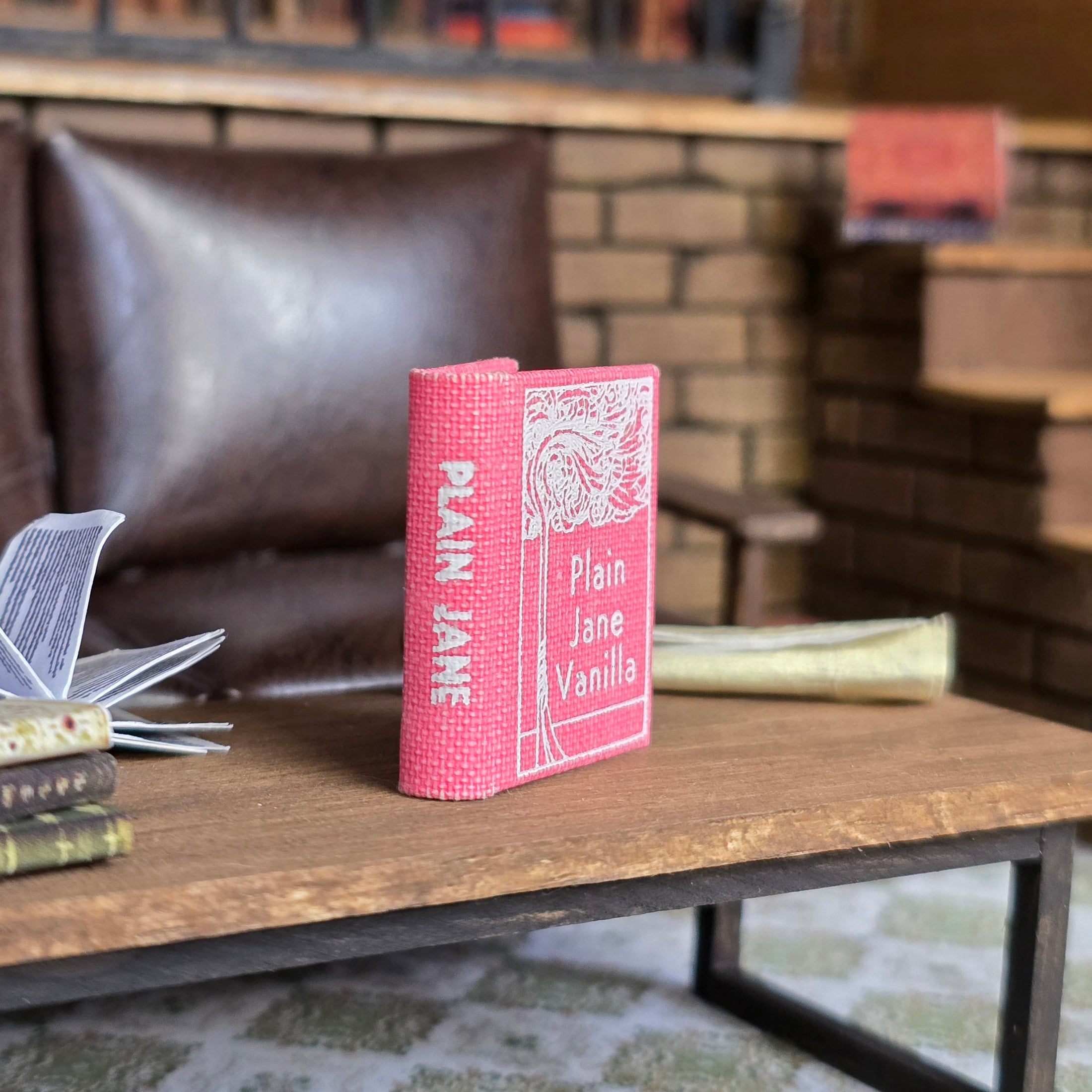 Pink book titled 'Plain Jane Vanilla' on a wooden table with a cozy retro indoor setting.