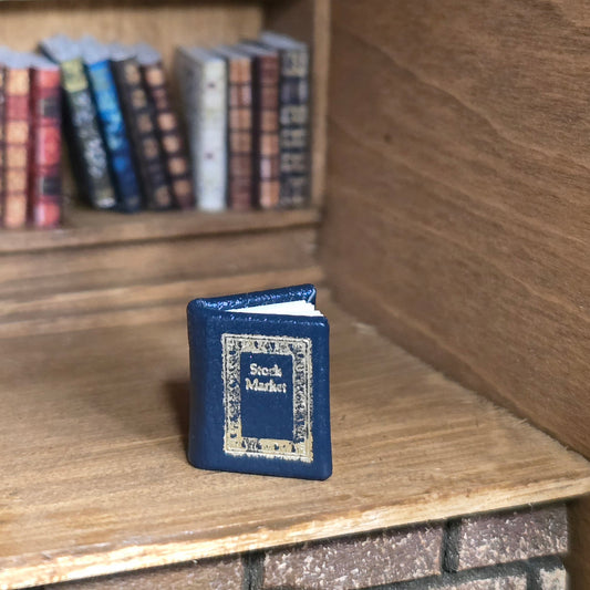 Small blue book titled 'Stock Market' on a wooden shelf with other books in the background.
