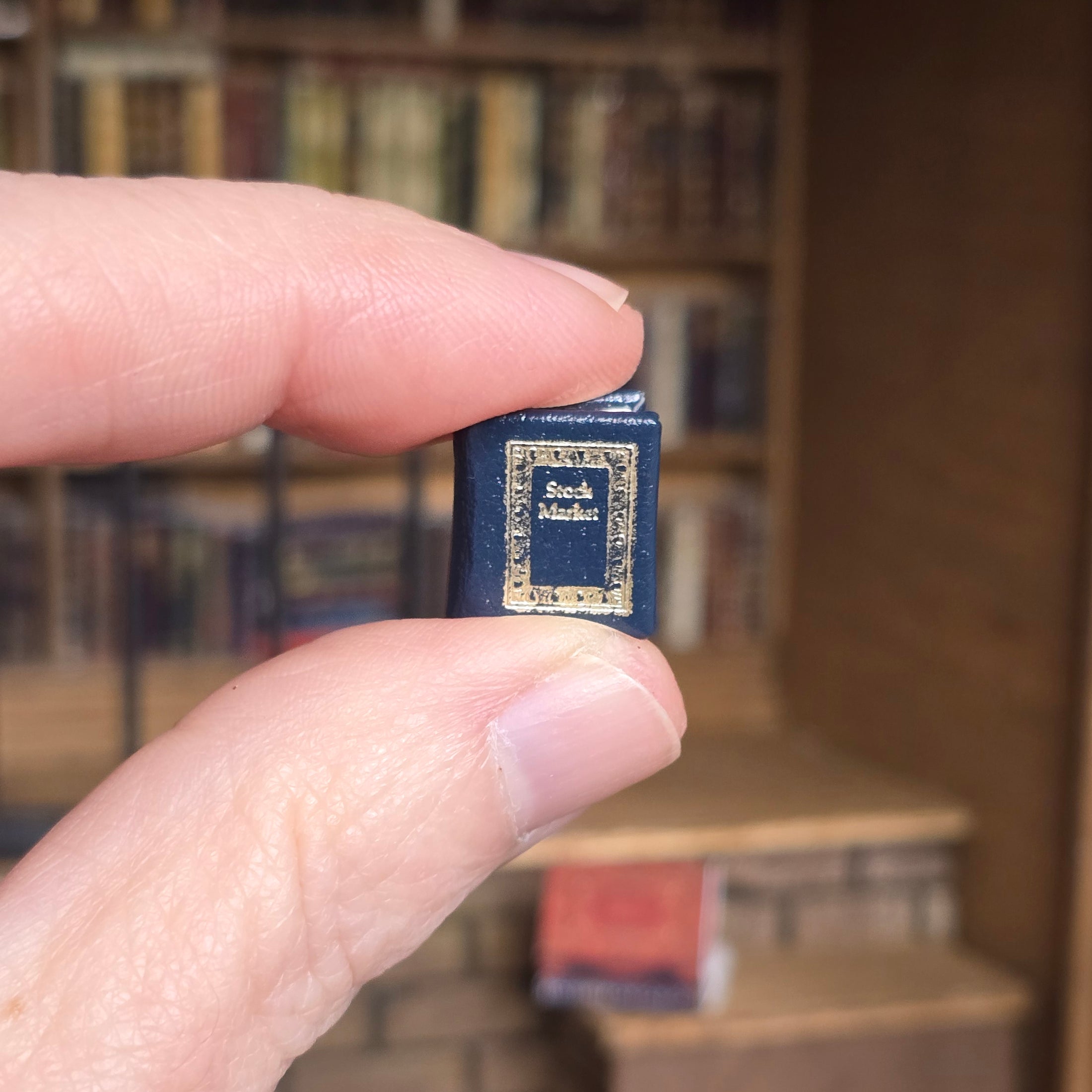 Hand holding a miniature book titled 'stock market' with a blurred bookshelf background