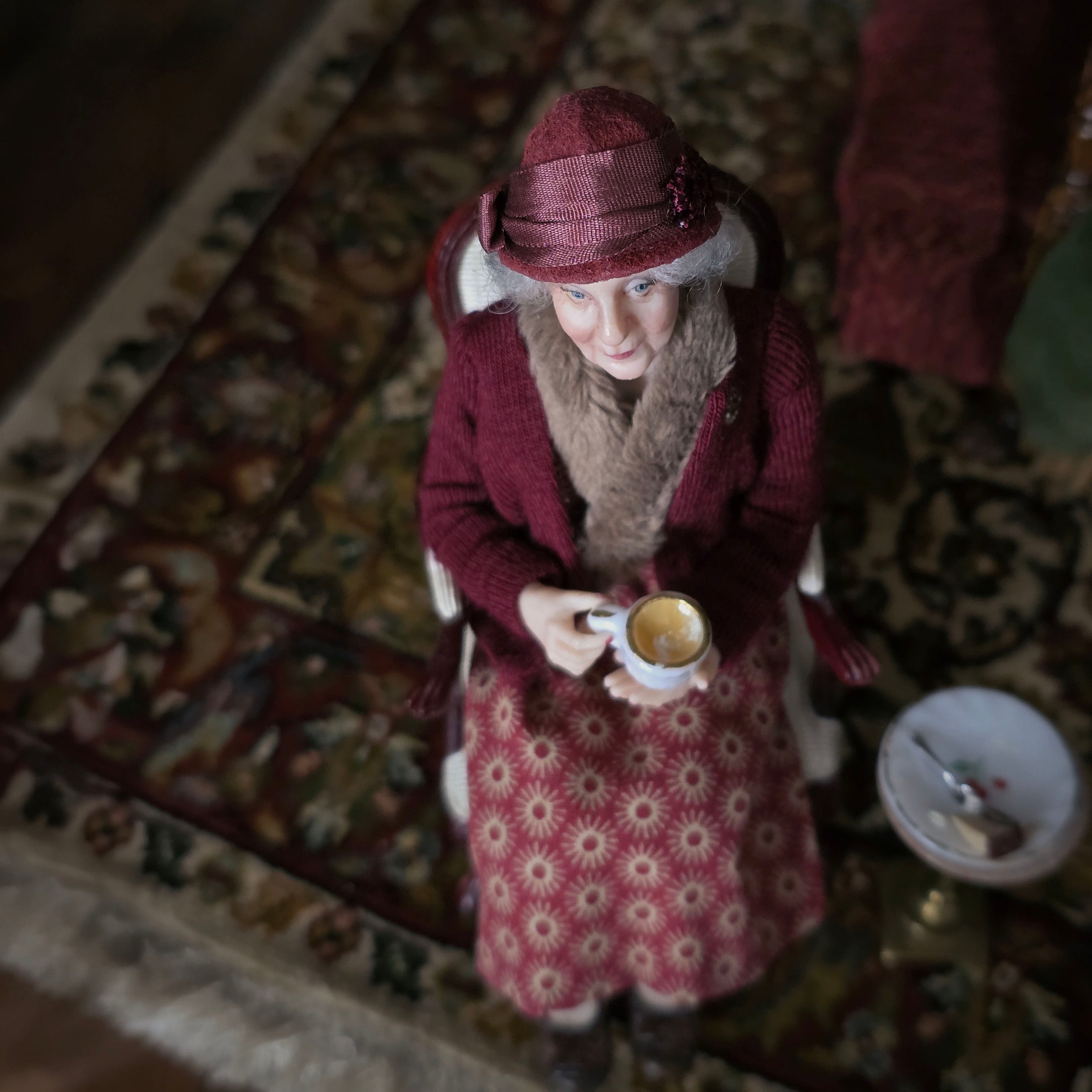 Julie Campbell IGMA Seated Elder Lady Doll in Burgundy Coat Clay Character Figure