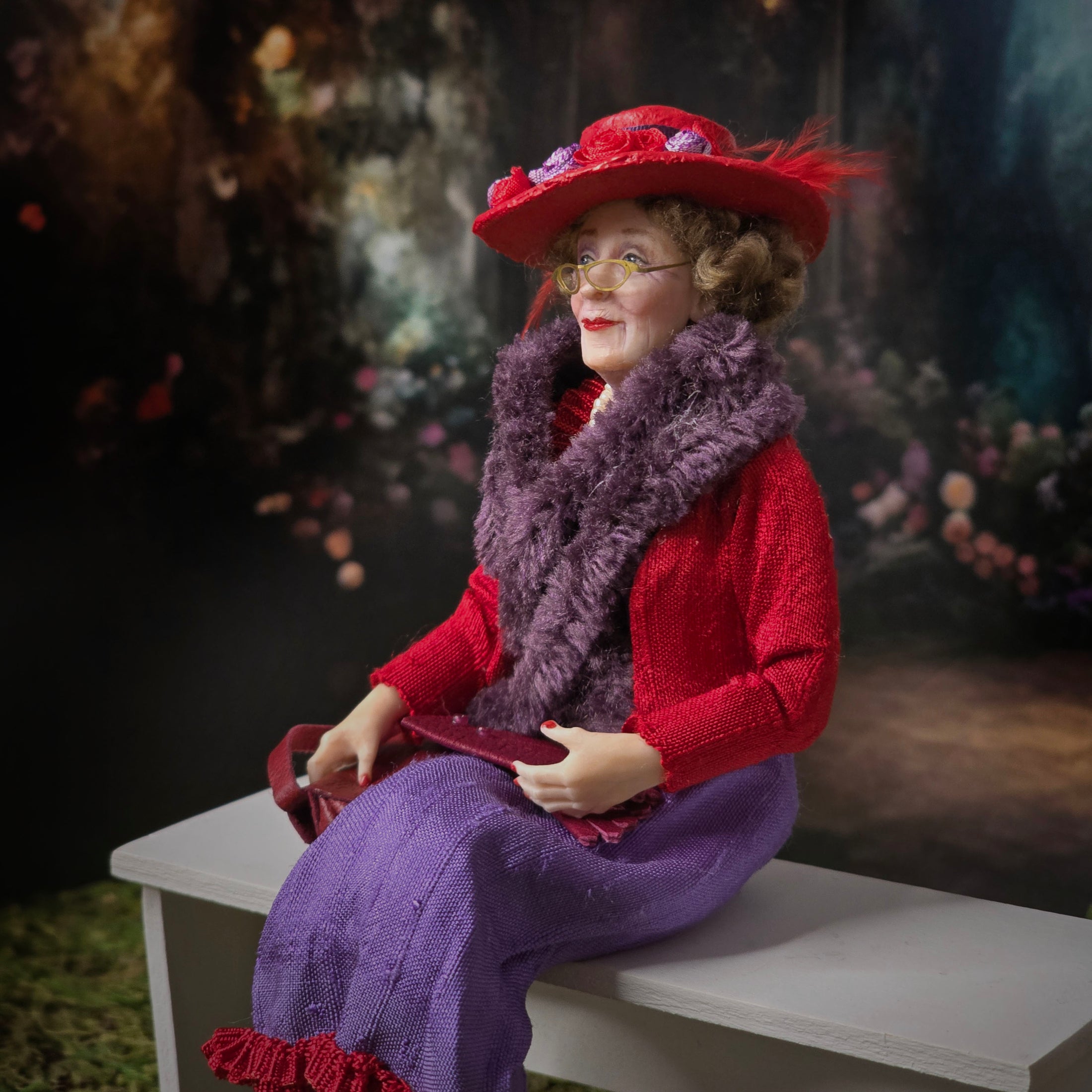 Julie Campbell IGMA Red Hat Society Lady Seated Doll with Purse & Gloves